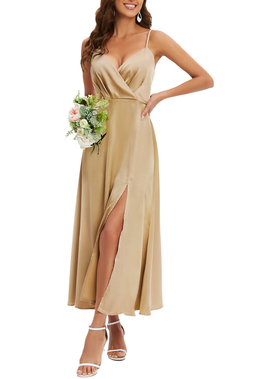 Newshows Women's 2023 Summer V-Neck Satin Cocktail Dress - Spaghetti Strap Sleeveless Maxi Dress with High Slit for Wedding Guest, Party, Evening & Special Occasions