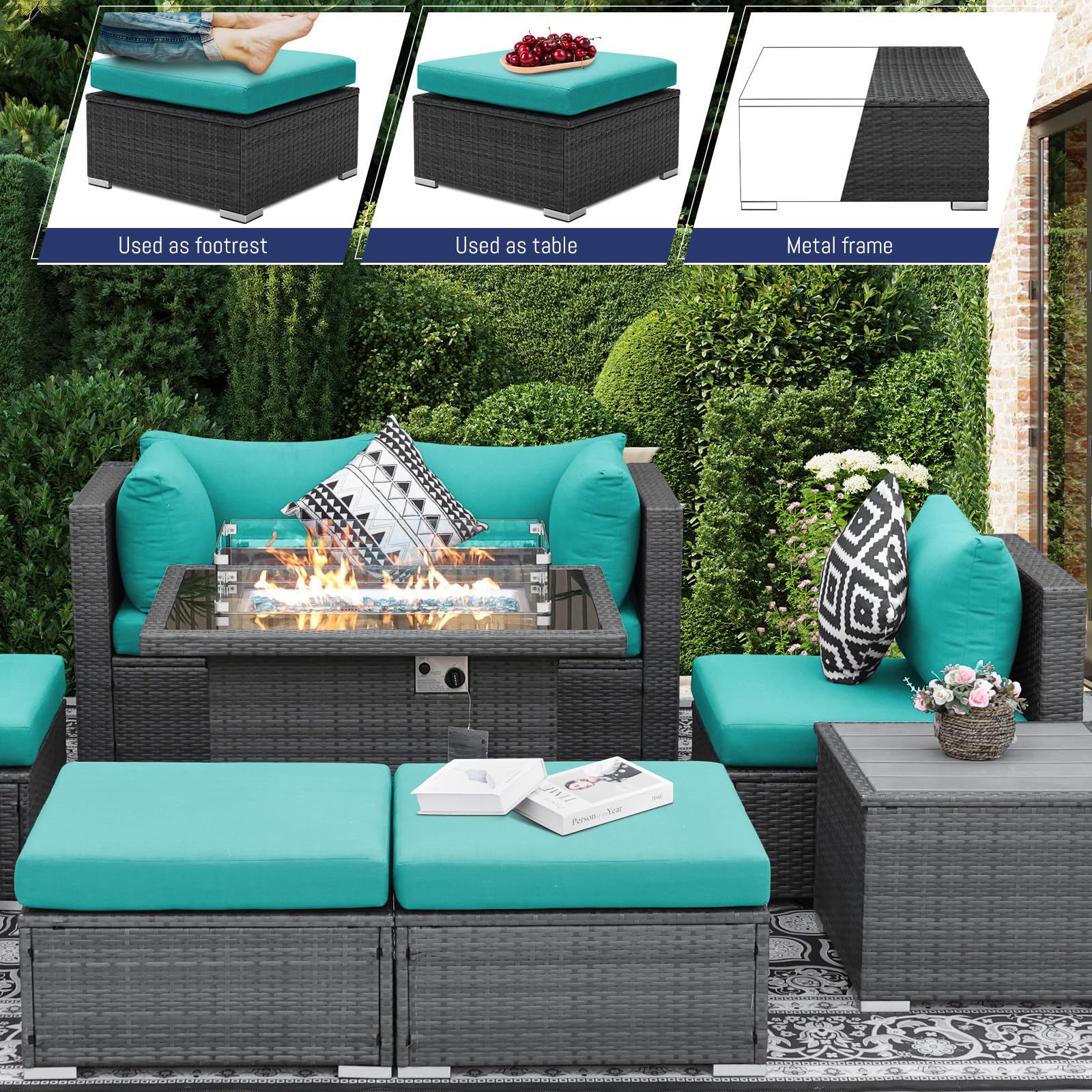 BULEXYARD 5-Piece Grey Rattan Patio Furniture Set with Gas Fire Pit Table - Deep Seat Outdoor Sectional Sofa & Wicker Conversation Couch (Grey/Aqua Blue) for Backyard, Garden, and Poolside Relaxation