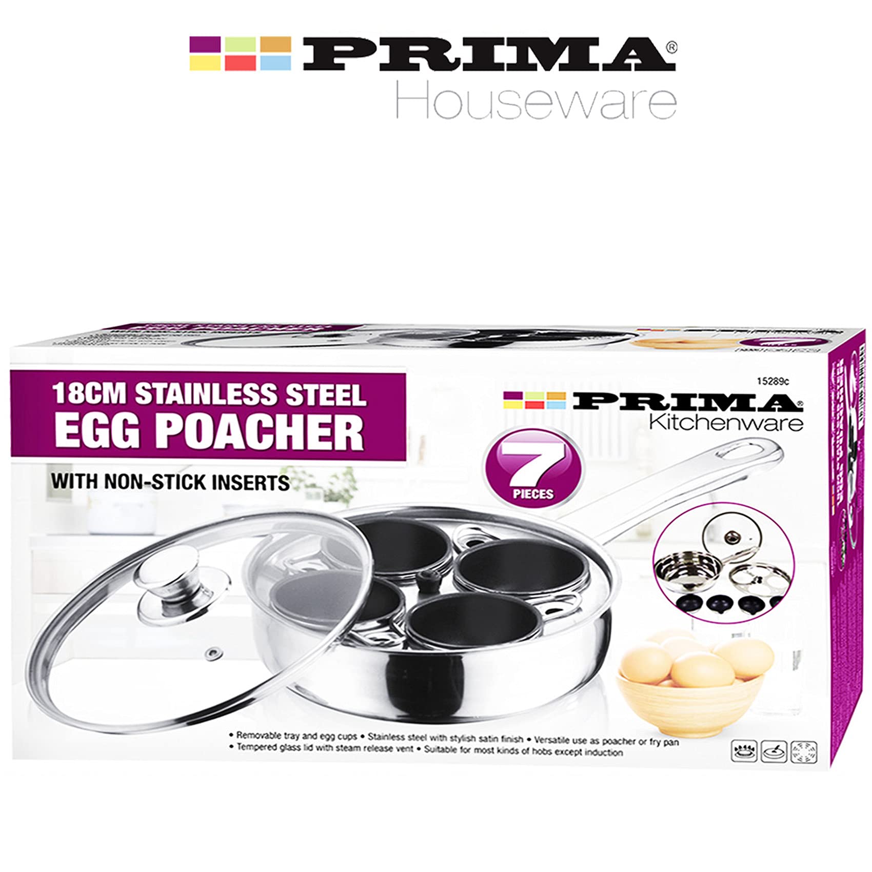 7-Piece PRIMA 18cm Stainless Steel Egg Poacher Set with Glass Lid - Non-Stick Inserts, 4-Hole Boiler, Saucepan & Frying Pan for Perfect Poached Eggs - Ideal for Breakfast, Brunch & Healthy Cooking at Home
