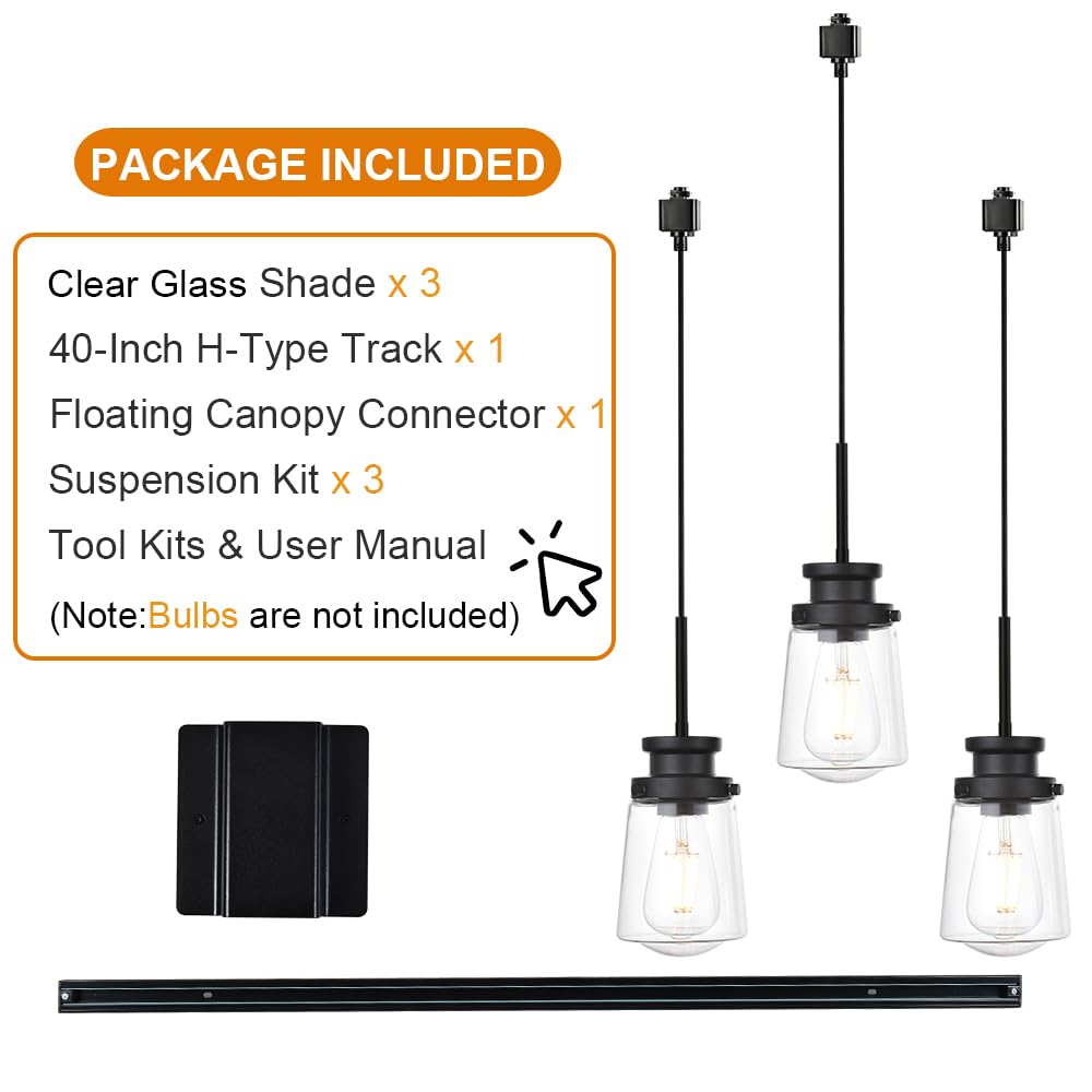 VINLUZ 3 Pack Black H-Type Track Pendant Lighting Fixtures - 40 Inch Track Lighting Rail with H Track Floating Canopy Connector - Clear Glass Shade Ceiling Lights for Living Room, Kitchen, Dining Room, and Bedroom
