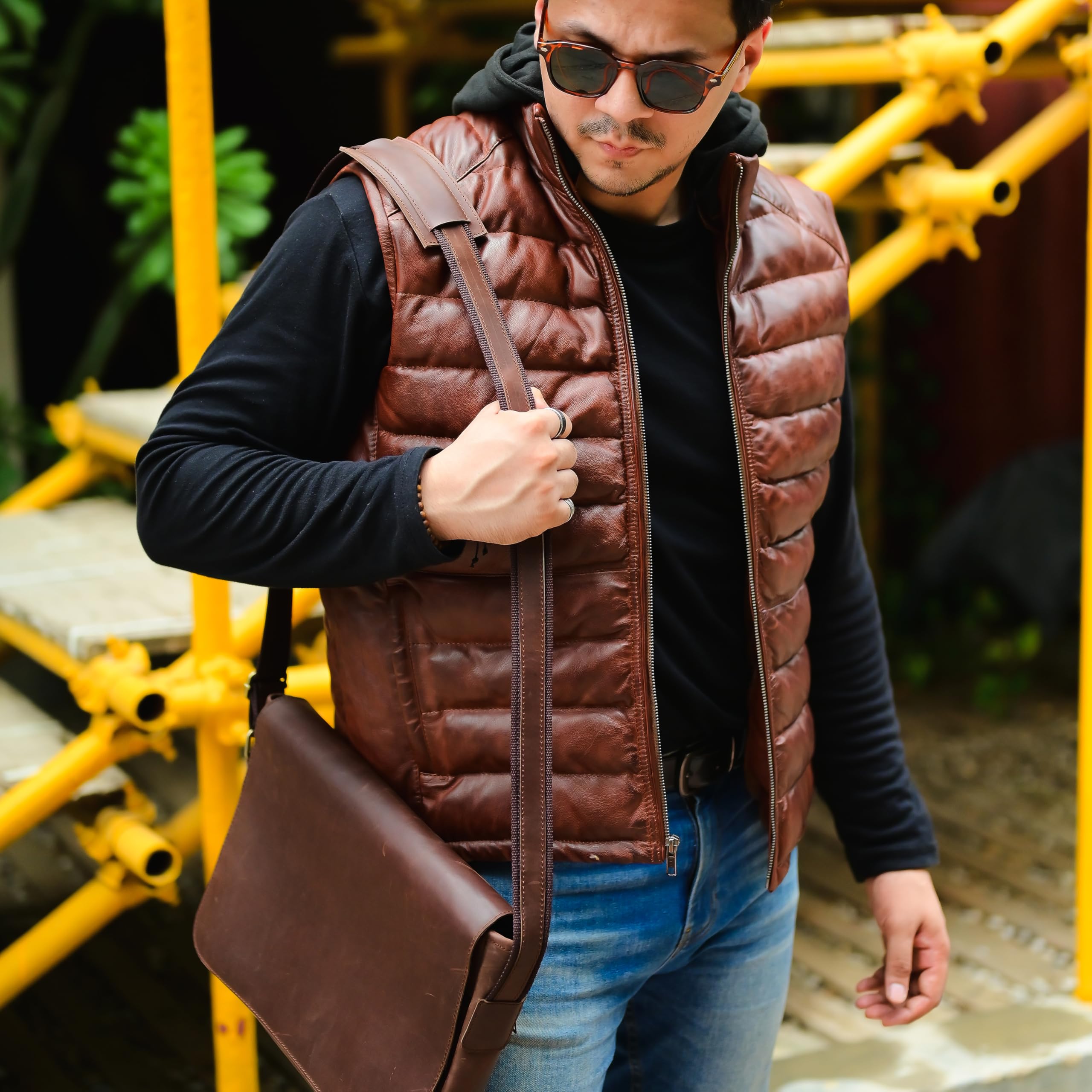 Jild Lambskin Leather Puffer Vest with Removable Hood - Stand Collar Sleeveless Jacket for Men | Winter Fashion Outerwear for Casual & Street Style