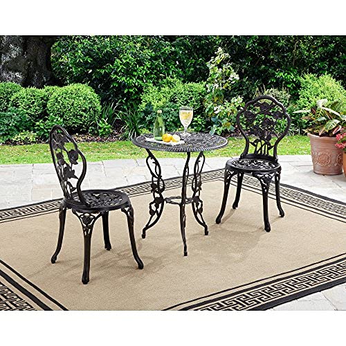 3-Piece Outdoor Bistro Set with Rose Pattern - 1 Table & 2 Chairs, Aluminum & Cast Iron Patio Furniture for Garden, Backyard, Deck or Balcony