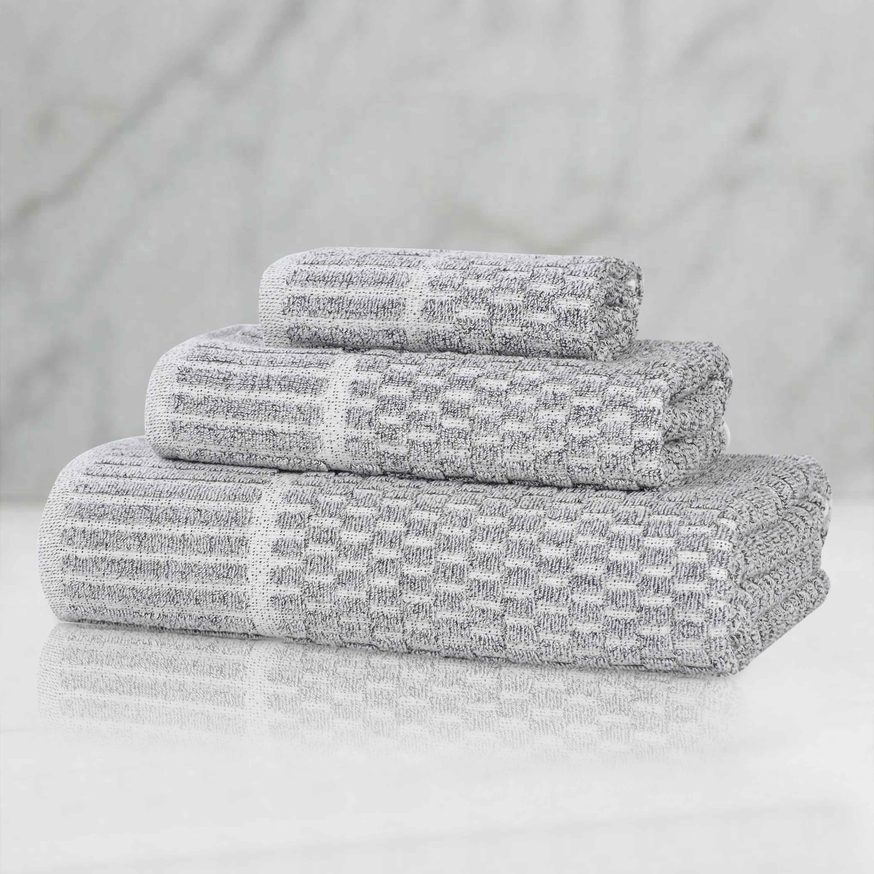 Premium Juno Cotton Blend Medium Weight Checkered Border 3-Piece Bath Towel Set - Soft, Absorbent & Quick-Drying for Bathroom, Spa & Guest Use