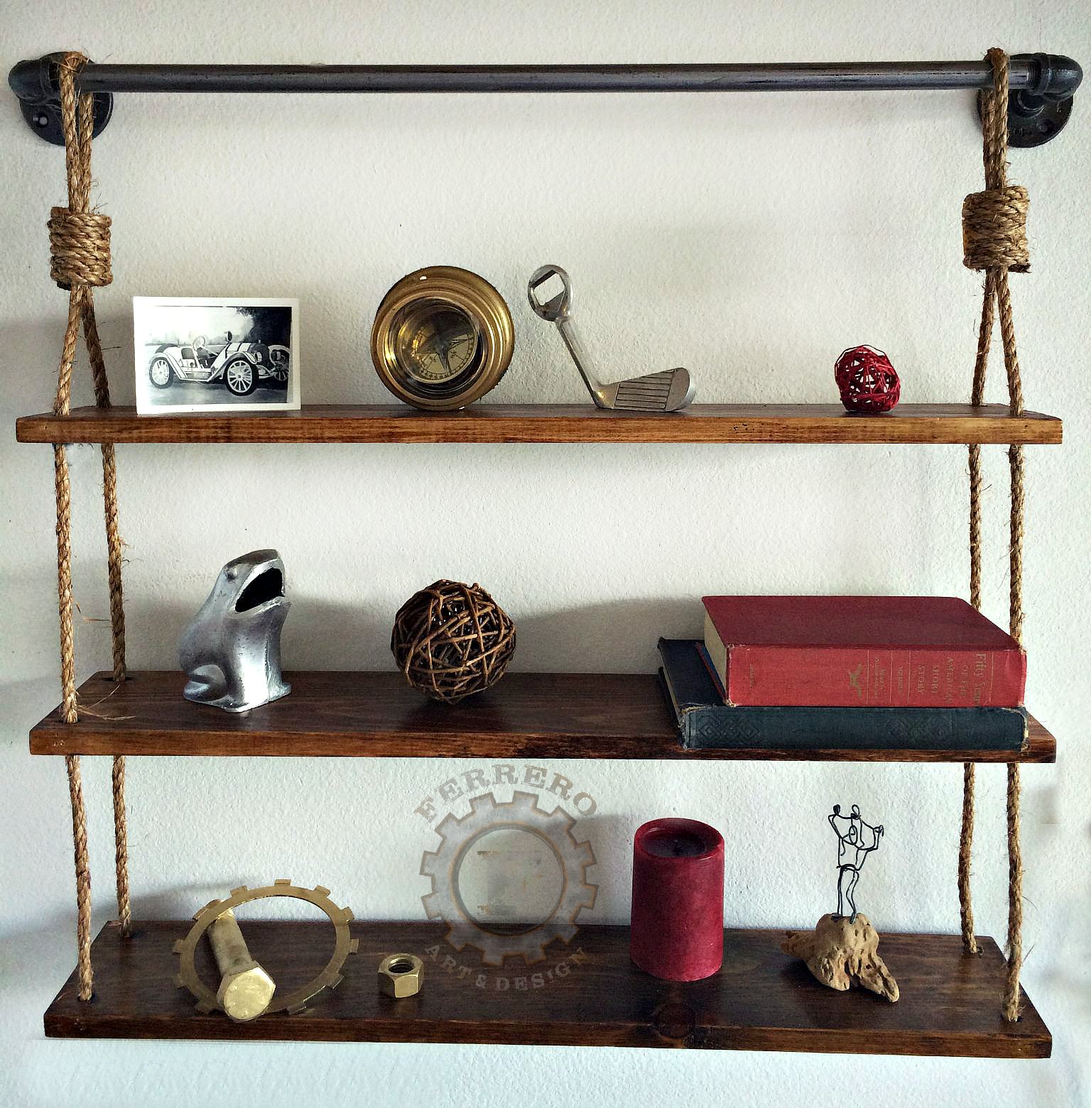 Rustic Hanging Pipe Shelf - Wooden Wall Mounted Bookshelf for Bathroom, Kitchen & Living Room Decor | Farmhouse Style Storage Organizer for Books, Plants & Home Essentials
