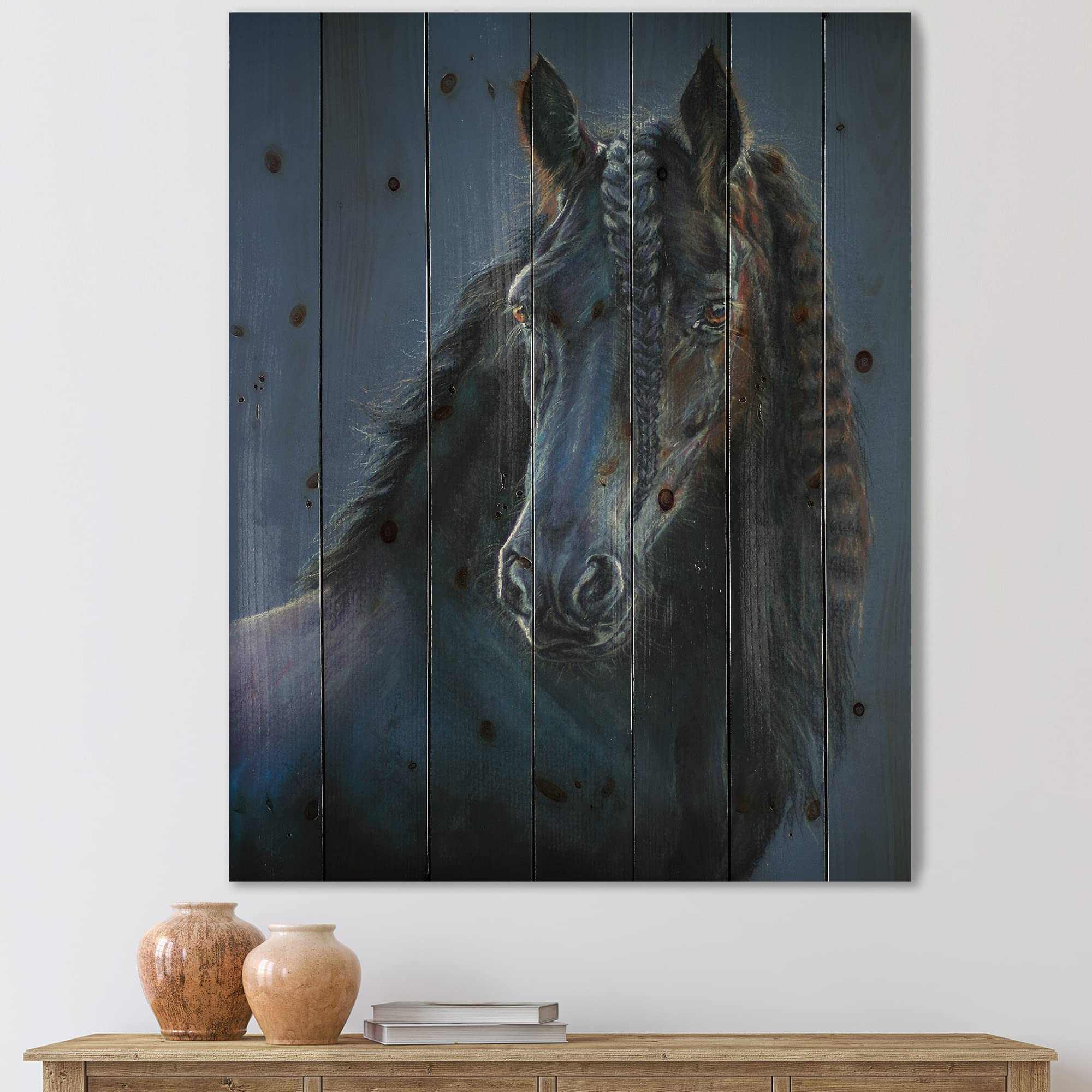Frisian Horse Portrait Farmhouse Wood Wall Decor - Blue Wood Wall Art, Large Animal Wood Panels Printed on Natural Pine - Perfect for Living Room, Bedroom & Farmhouse Decor