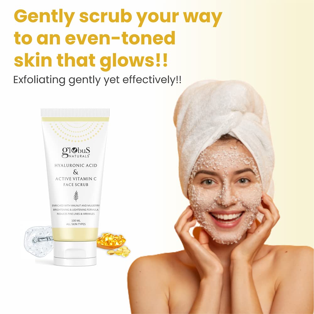 Globus Naturals Vitamin C & Hyaluronic Acid Anti-Aging Face Care Set - Brightening Facial Wash, Moisturizing Cream & Exfoliating Scrub (3-Piece Skincare Routine for Glowing Skin) - Perfect for Morning & Night Use, Travel-Friendly Skincare Kit