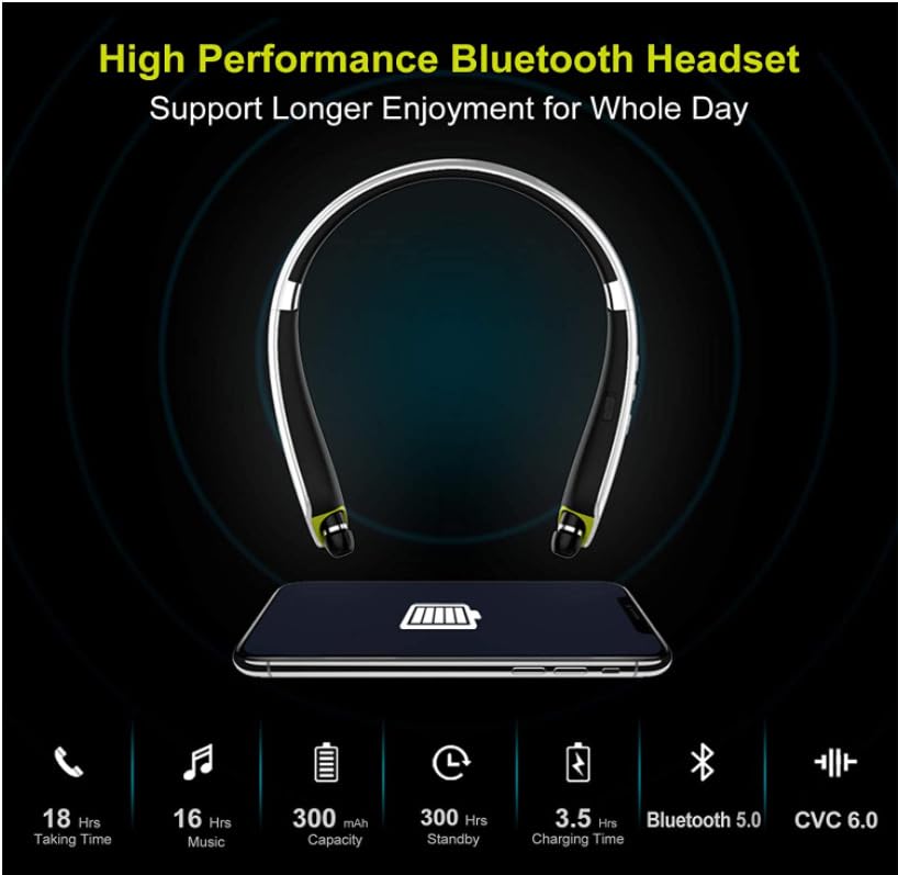 Wireless Bluetooth Neckband Headphones with Noise Cancelling, Magnetic Design, Retractable & Foldable - Perfect for Running, Gym, Workout & Travel (White)