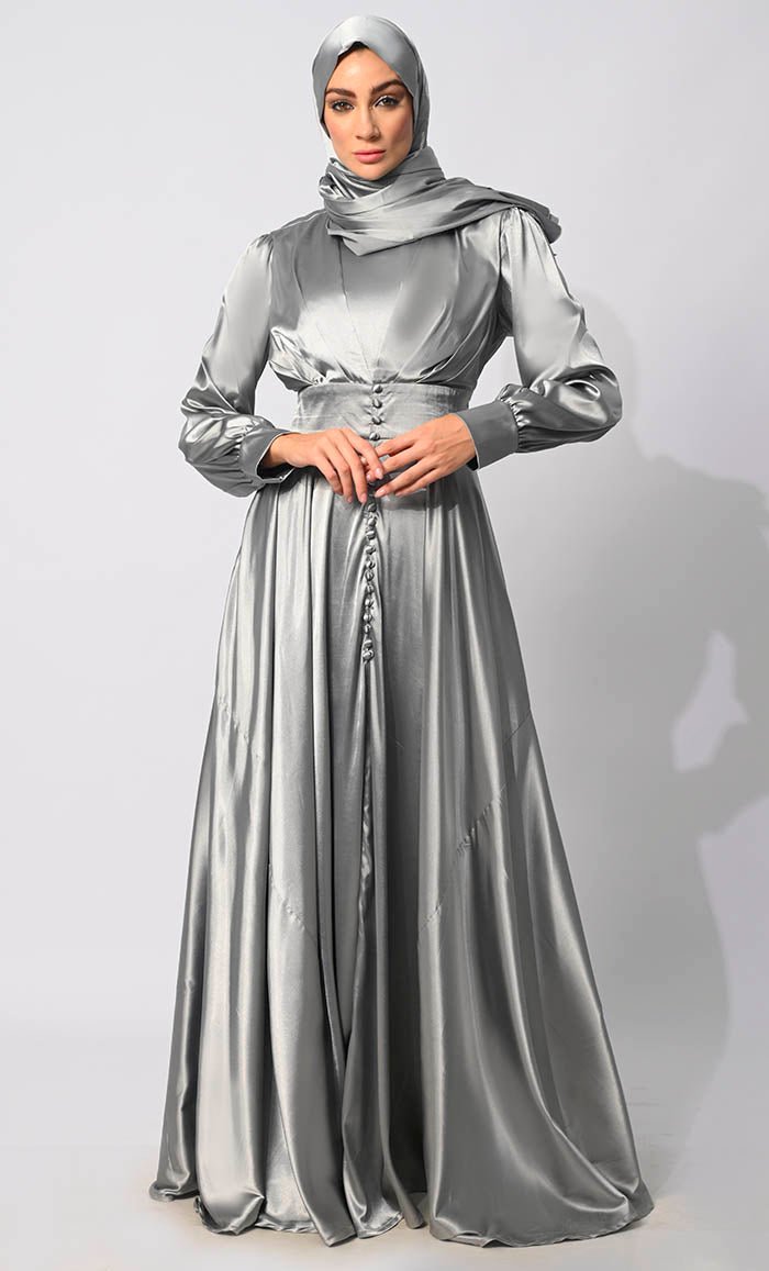 Elegant Grey Satin Flared Abaya with Front Pleating & Decorative Buttons - Modest Islamic Dress for Women, Perfect for Eid, Wedding & Special Occasions