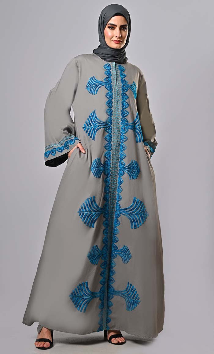 Elegant Islamic Mughal Aari Embroidered Abaya with Pockets - Modest Muslim Prayer Dress for Women, Perfect for Eid, Mosque & Special Occasions