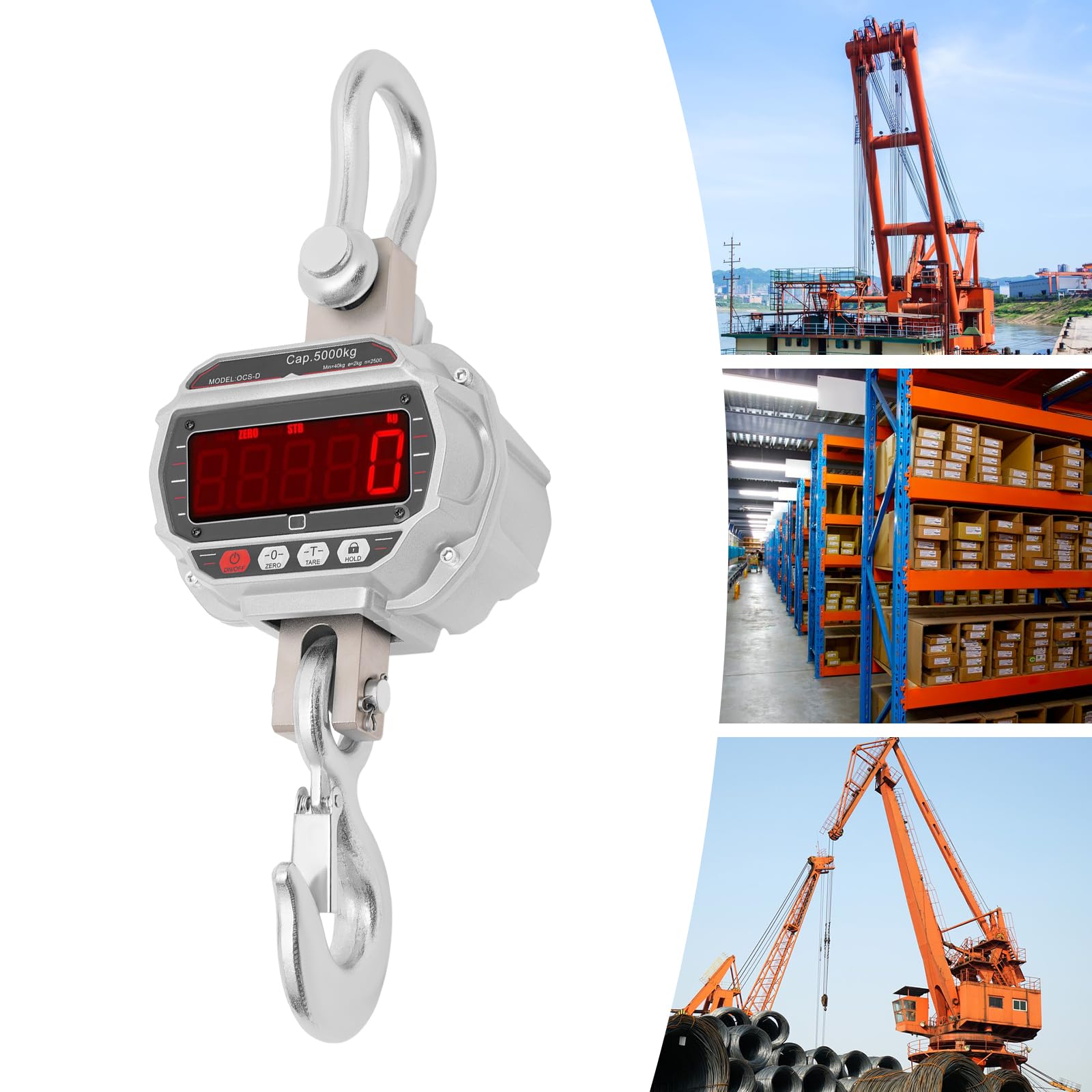 5000kg/11023lbs Digital Crane Scale with Remote Control - Heavy Duty Industrial Hanging Scale with Snap-on Hook for Factory & Construction (9.53x7.4x23.62in, Silver Grey) - Perfect for Lifting, Weighing & Material Handling in Warehouses, Shipyards & Manufacturing Plants