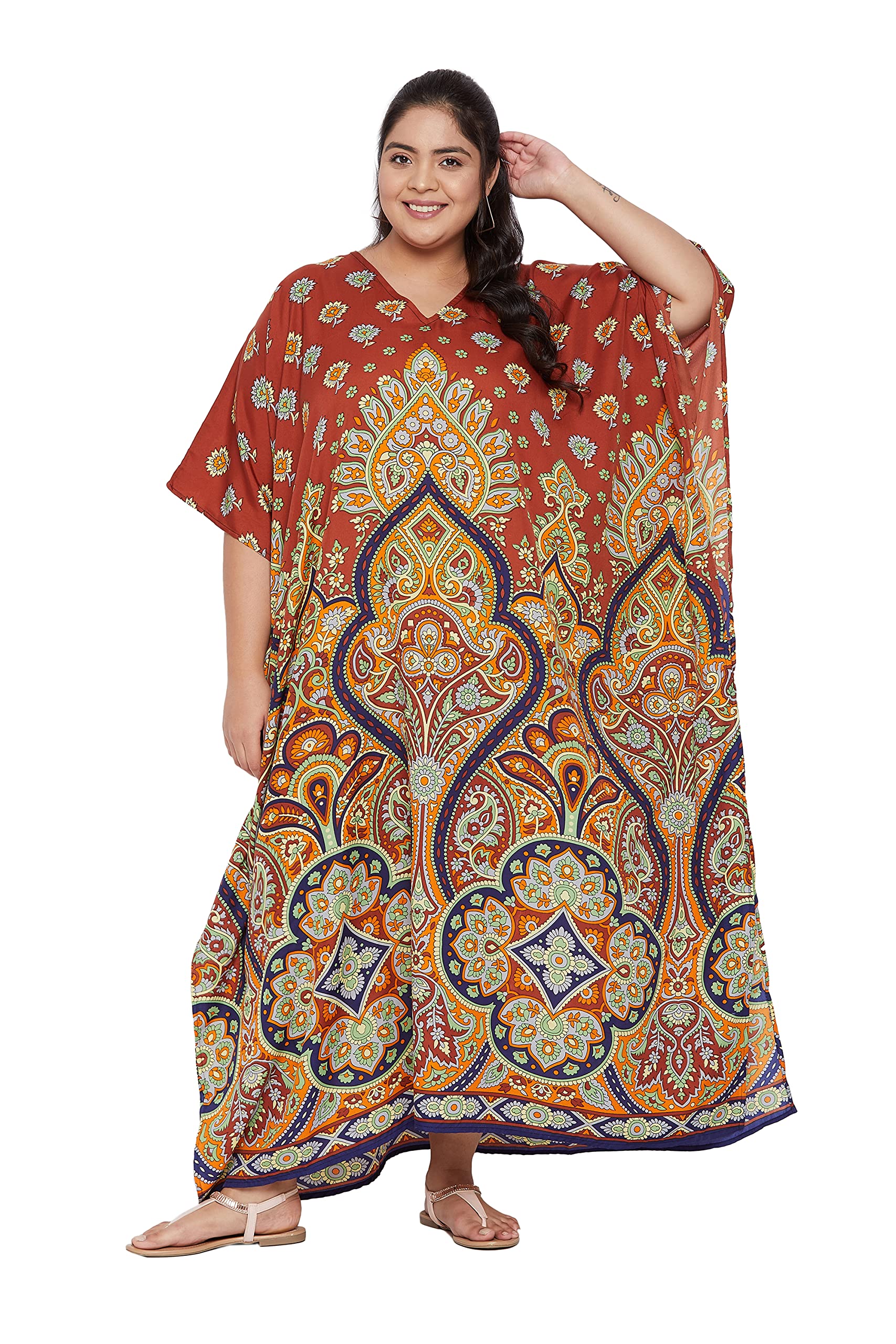 Gypsie Blu Women's Floral Kaftan Dress - Plus Size Long Tunic Maxi Beach Cover Up | Boho Chic Summer Outfit for Vacation, Pool Party & Casual Wear