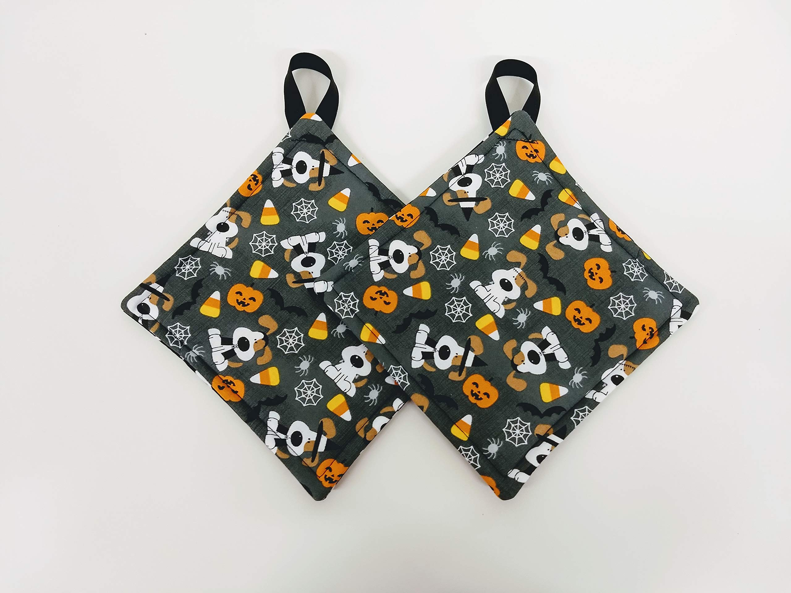 Halloween Dog & Black Bones Pot Holder Set with Hanging Loop - Heat Resistant Kitchen Mitts for Baking, Cooking & Halloween Decor