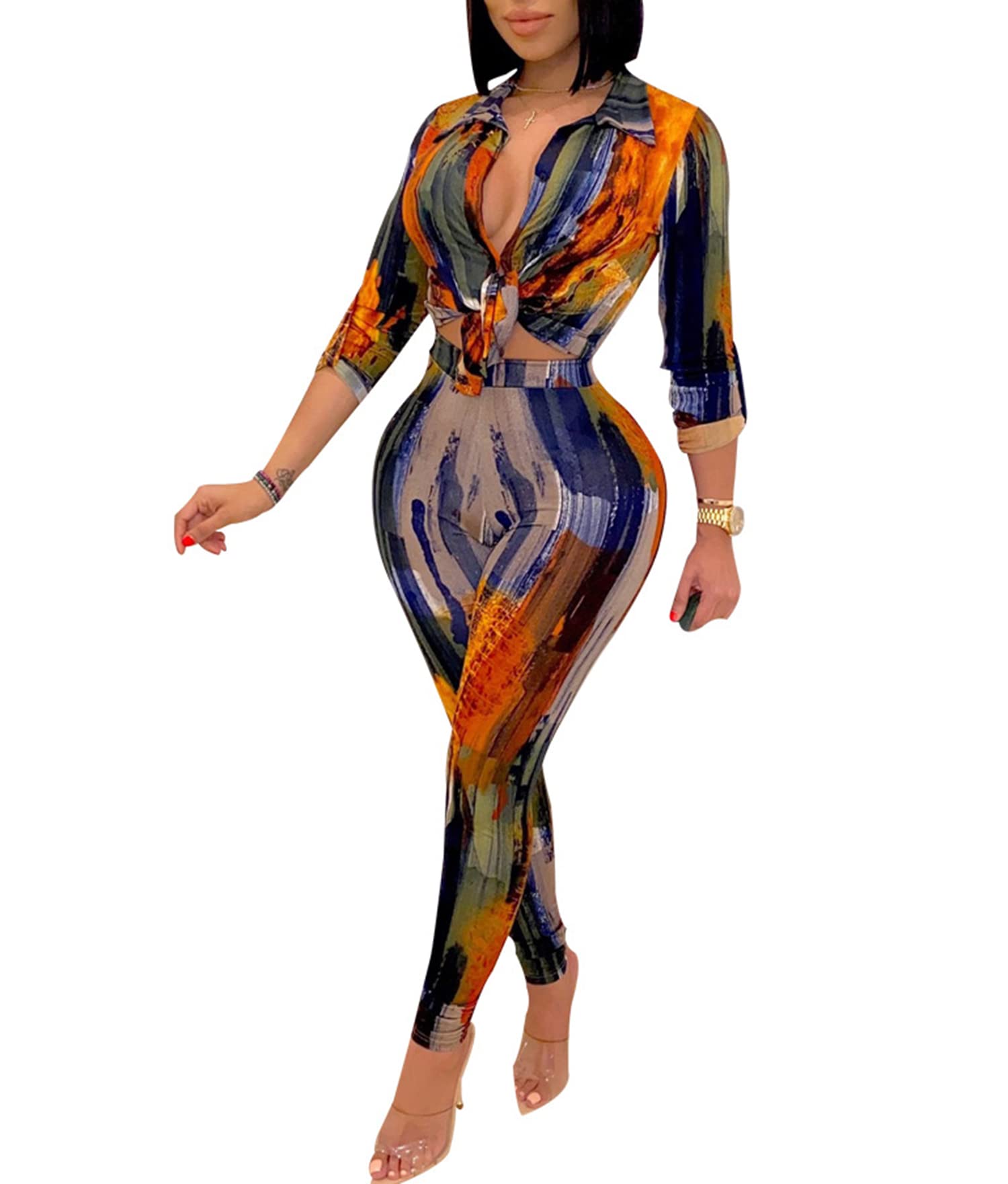 2-Piece Women's Fashion Outfit - Sexy Bodycon Long Sleeve Shirt & Pants Set with Floral Print | Perfect for Date Night, Party Wear & Casual Jumpsuits