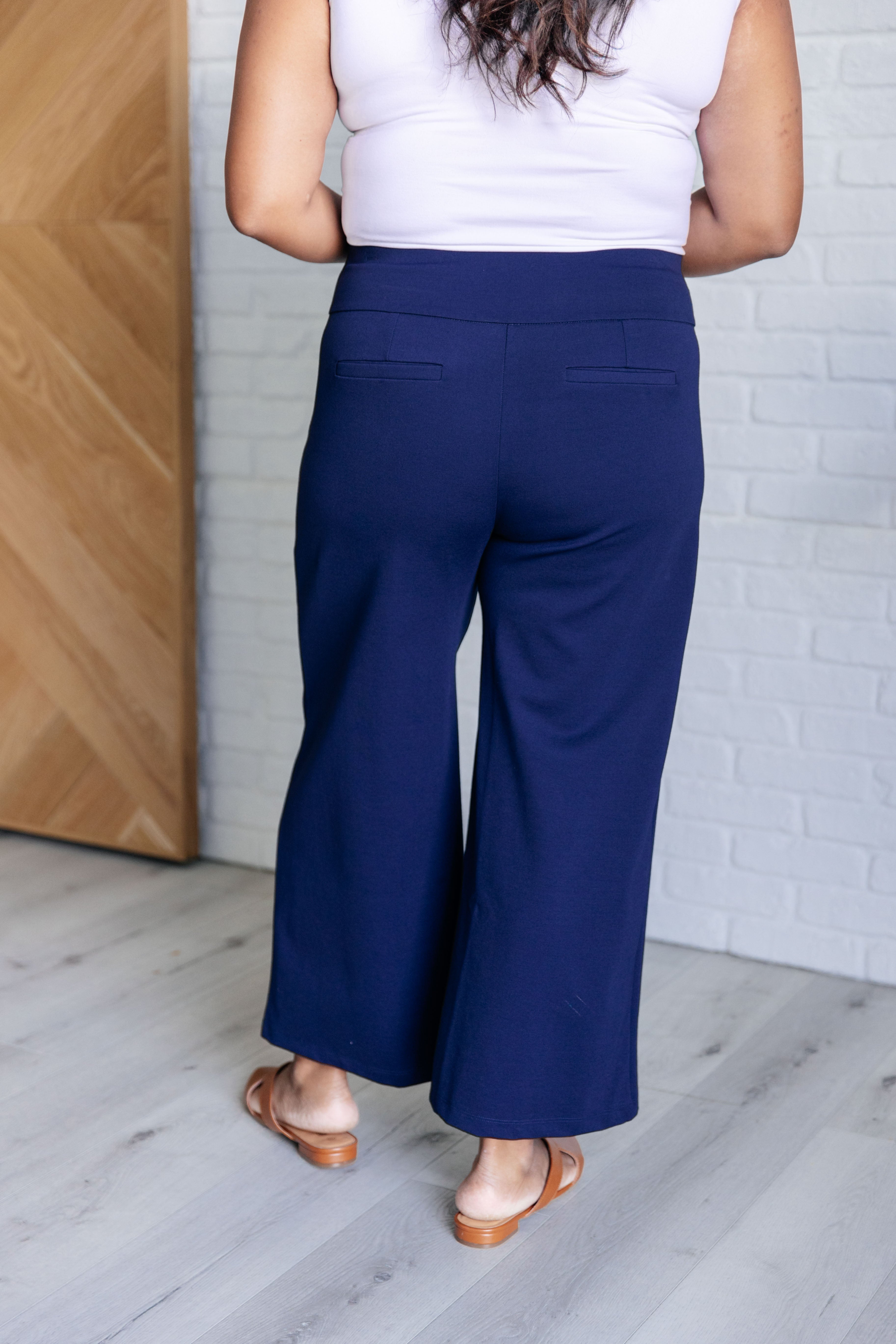 Stylish Navy Blue Magic Wide Leg Crop Pants for Women - Comfortable High Waist Palazzo Trousers for Casual Wear, Office & Summer Outfits