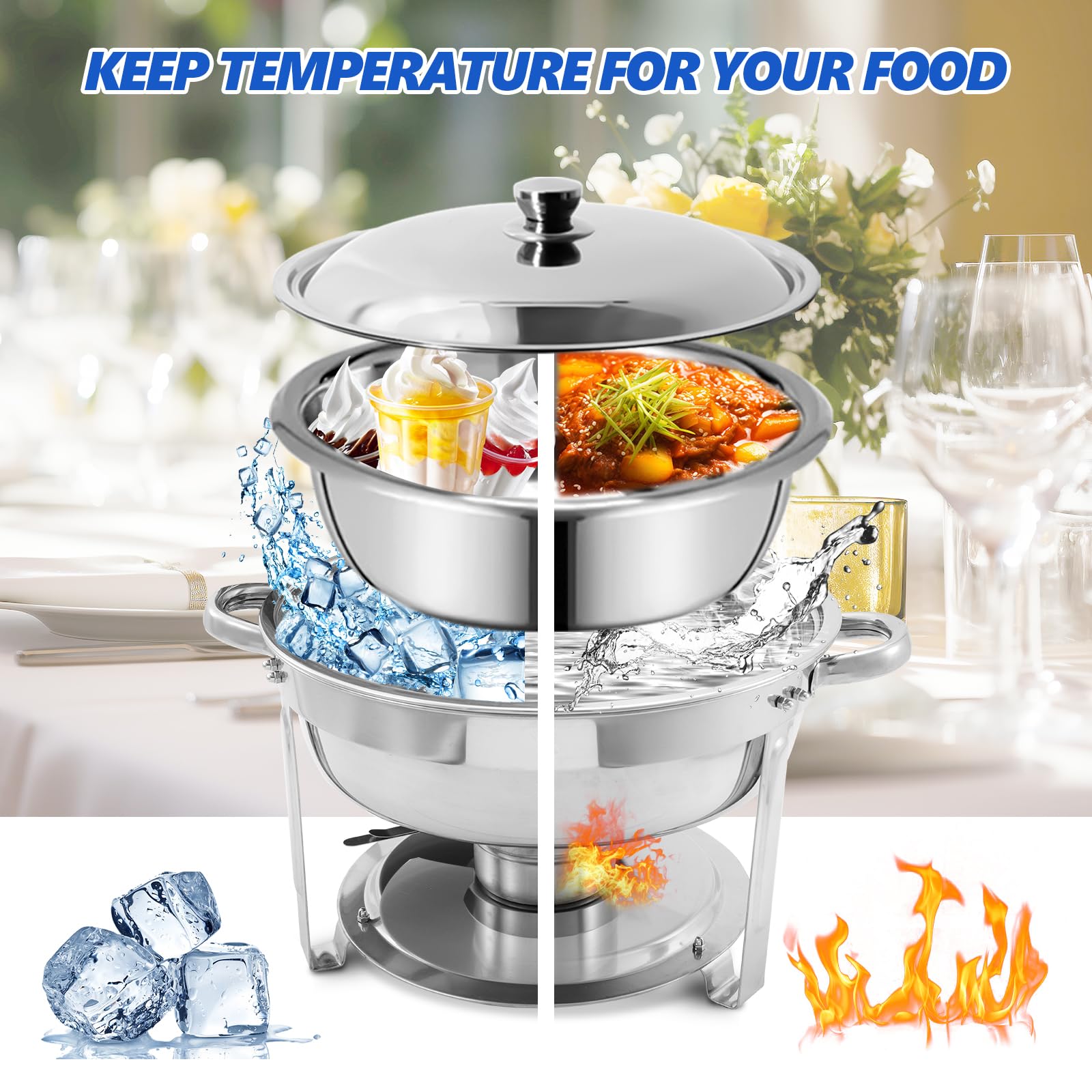 6 Qt 4-Piece Stainless Steel Chafing Dish Buffet Set - Round Catering Food Warmer with Water Trays, Lid & Sturdy Stand - Perfect for Parties, Banquets & Buffet Serving