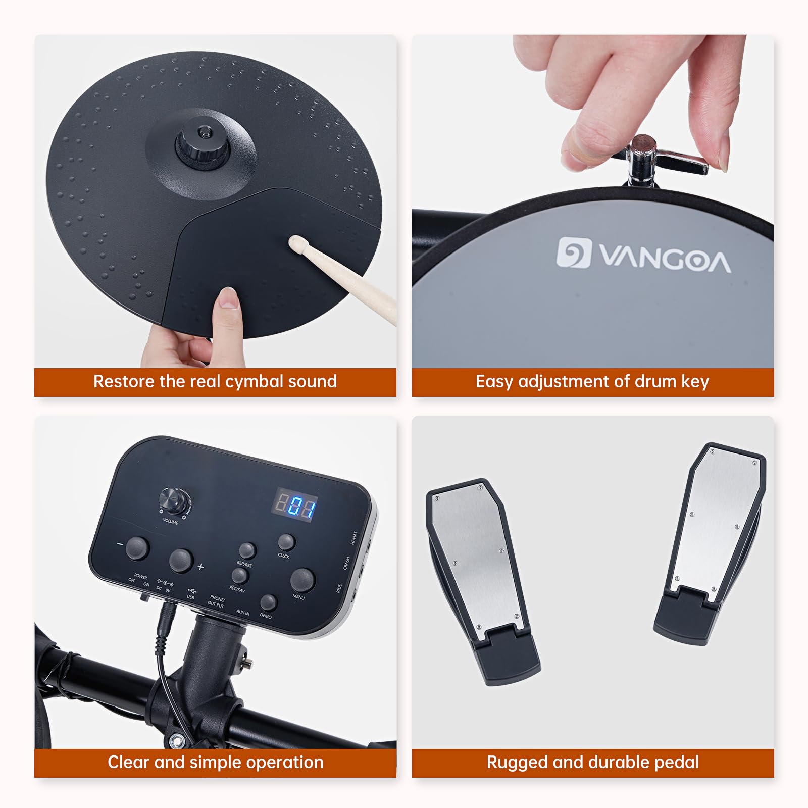 Vangoa 8-Piece Electronic Drum Set for Adults & Beginners - Quiet Drum Pads, 2 Cymbals, 150 Sounds, Headphone Jack & Lightweight Pedals - Perfect for Home Practice, Studio Recording & Music Learning (Gray)