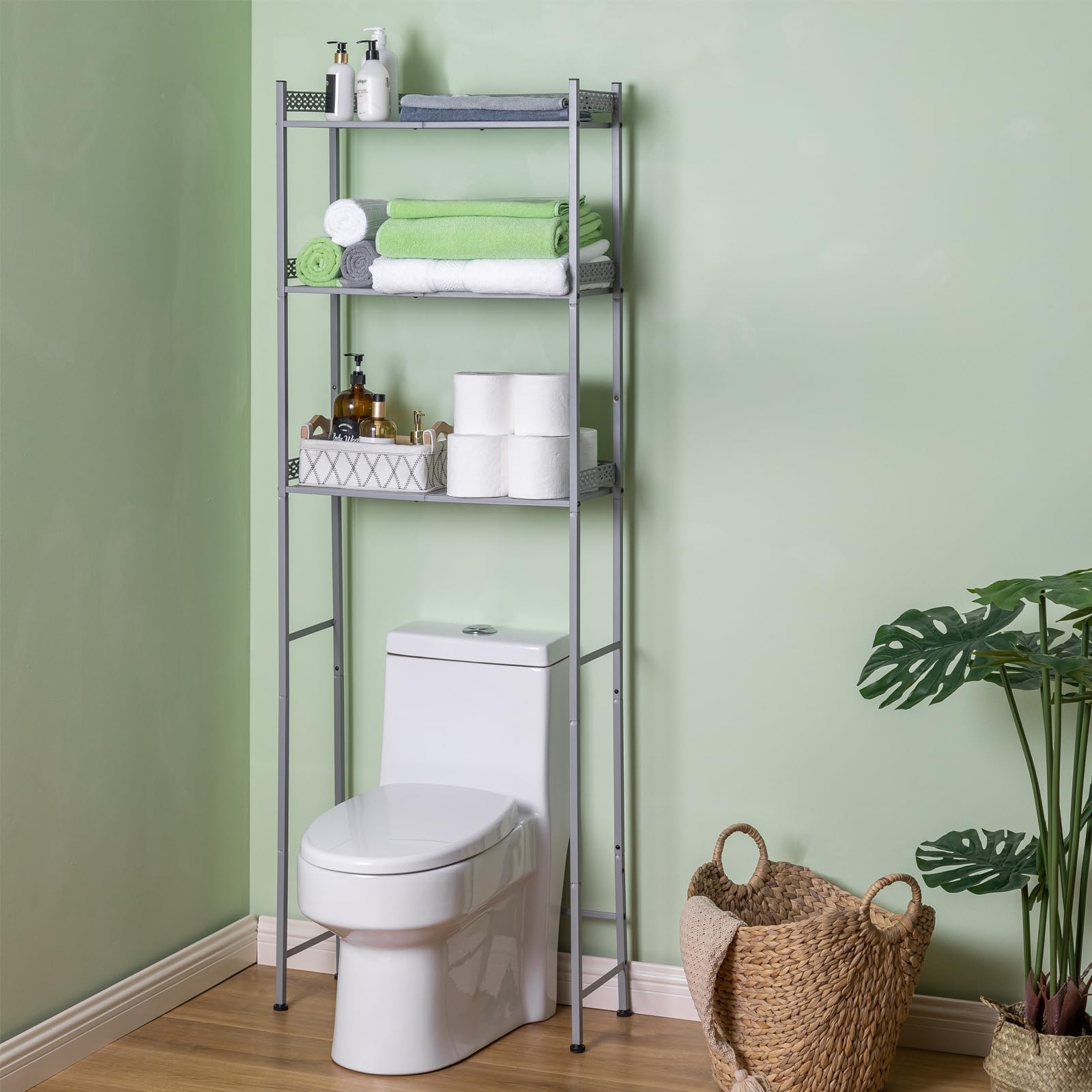 Over The Toilet Storage Shelf - Space Saving Bathroom Organizer with Metal Frame in Light Grey | Perfect for Small Bathrooms, Apartments & Powder Rooms