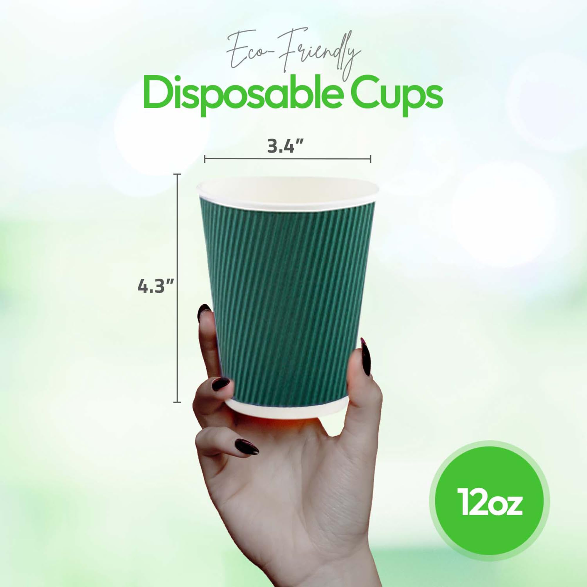 **12oz Disposable Coffee Cups (500 Pack) - Insulated Ripple Wall Hot Cups for Coffee & Tea | Eco-Friendly Forest Green Paper Cups with Rolled Rim | Perfect for Cafes, Offices & Events**