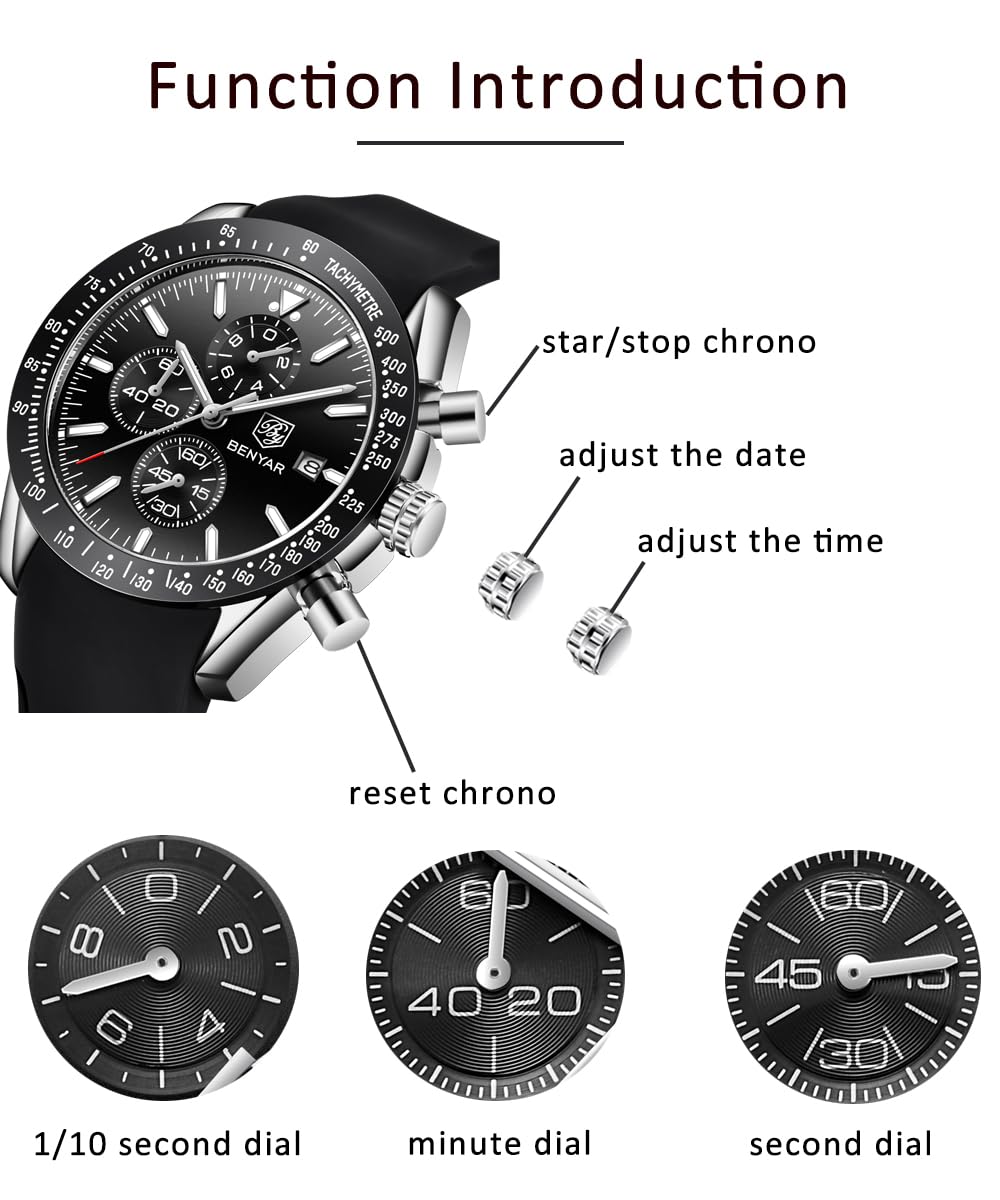 BENYAR Men's Quartz Chronograph Waterproof Watch - Business Casual & Sport Silicone Wristwatch for Men - Father & Son Matching Gift - Black, Blue, Rose Gold - Ideal for Office, Daily Wear & Outdoor Activities