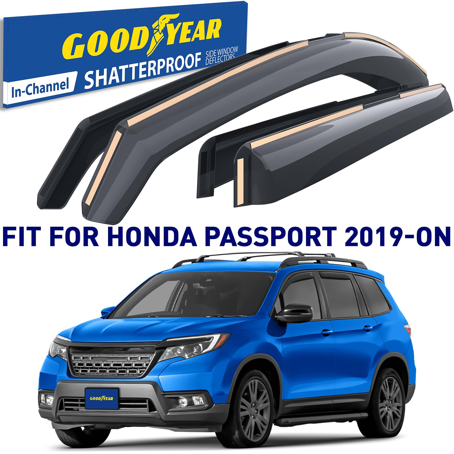 Goodyear Shatterproof In-Channel Window Deflectors for Honda Passport 2019-2025 - 4pc Rain Guards & Vent Visors - Car Windshield Protection Accessories for All-Weather Driving & Noise Reduction