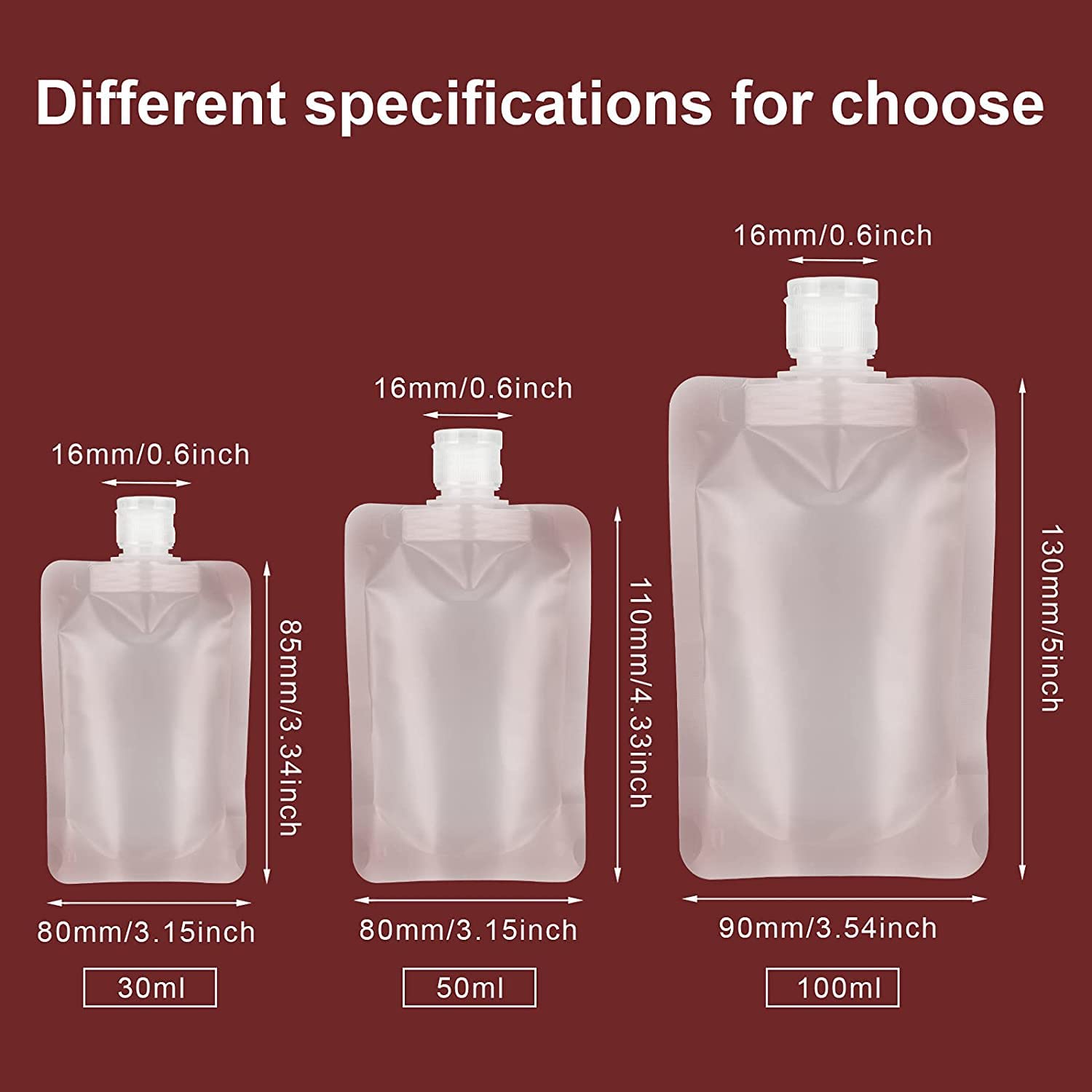 RRJ Travel Fluid Makeup Packing Bag - 30ml/50ml/100ml Refillable Leakproof Squeeze Pouch | Empty Cosmetic Containers with Stand-Up Spout | Foldable Toiletry Bags for Lotion, Shampoo, Conditioner | Perfect for Travel, Gym & Home Use