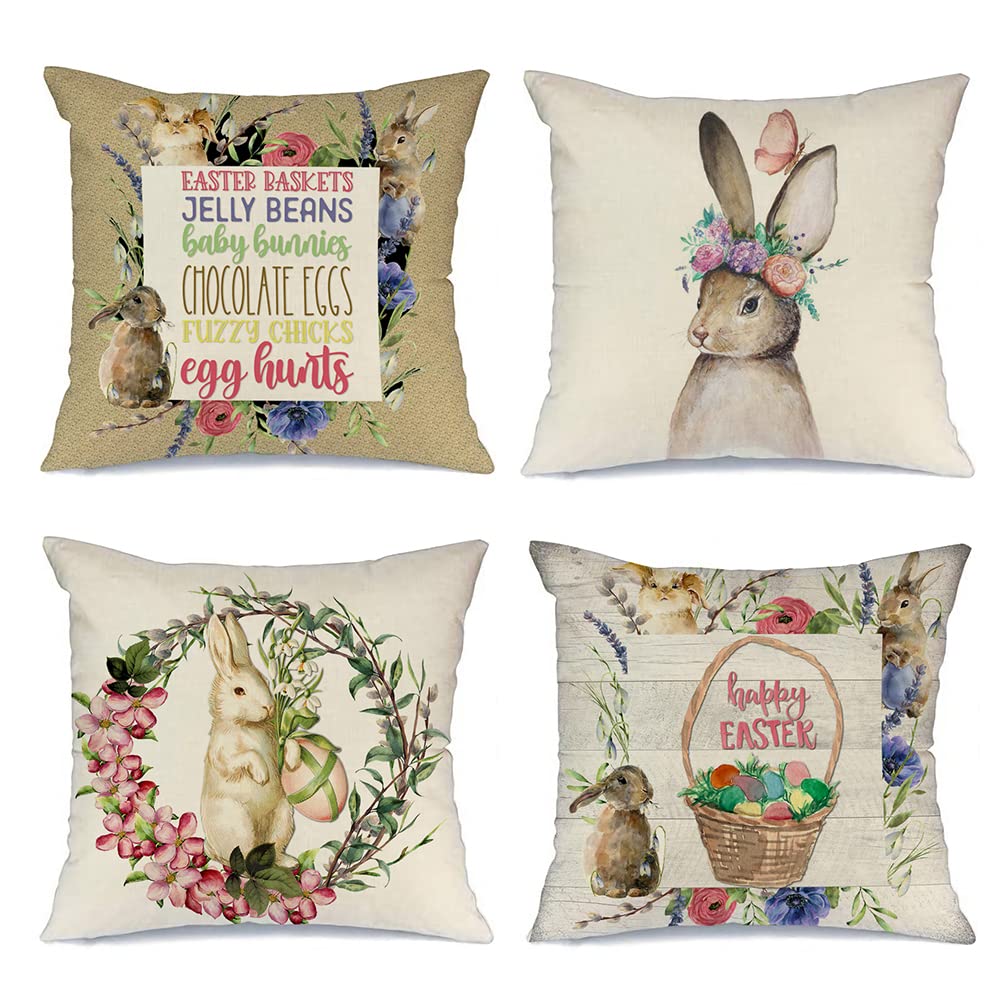 RABUSOFA Easter Spring Pillow Covers Set of 4 - 18x18 Inch Bunny Rabbit Farmhouse Decorative Throw Pillow Cases for Couch, Sofa, Bed - Holiday Home Decor for Easter, Spring Season & Farmhouse Style