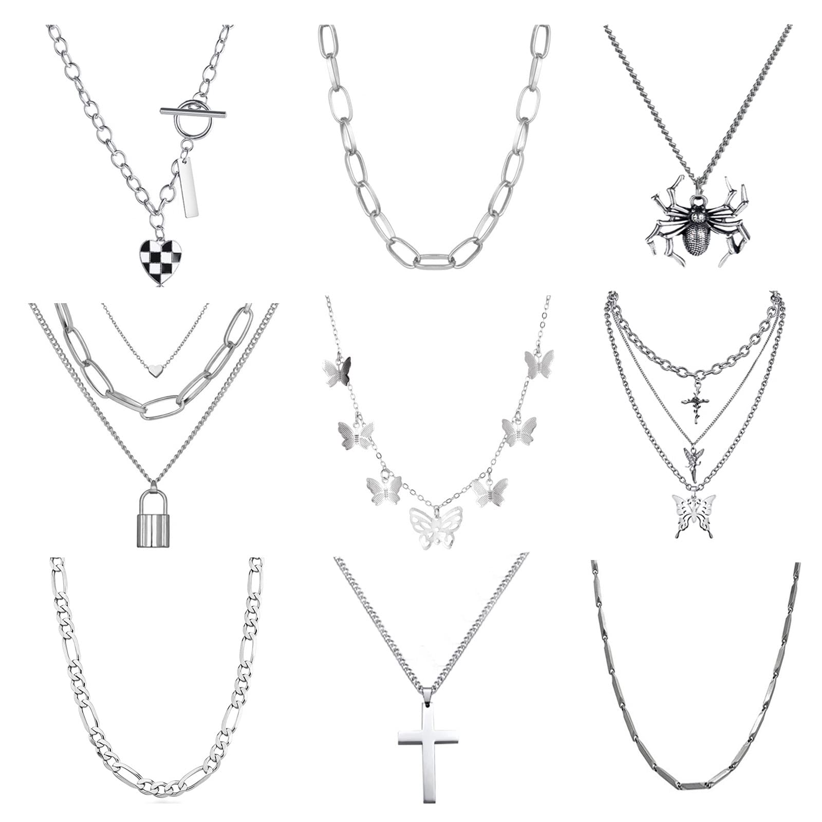 9 PCS Gothic Necklace Set for Men & Women - Silver Layered Chain Necklaces, Punk Pendant Chokers - Perfect for Egirl, Emo, Eboy, Y2K Alt Jewelry Lovers - Great for Concerts, Parties, and Everyday Goth Fashion
