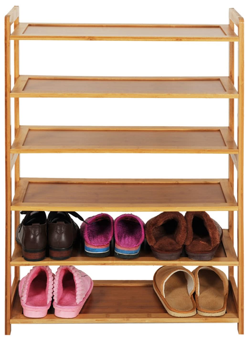 6-Tier Bamboo Shoe Rack Organizer - Free Standing Entryway Shoe Shelf with Handles for Hallway, Closet & Home Storage | Space-Saving Shoe Organizer for Men, Women & Kids Shoes