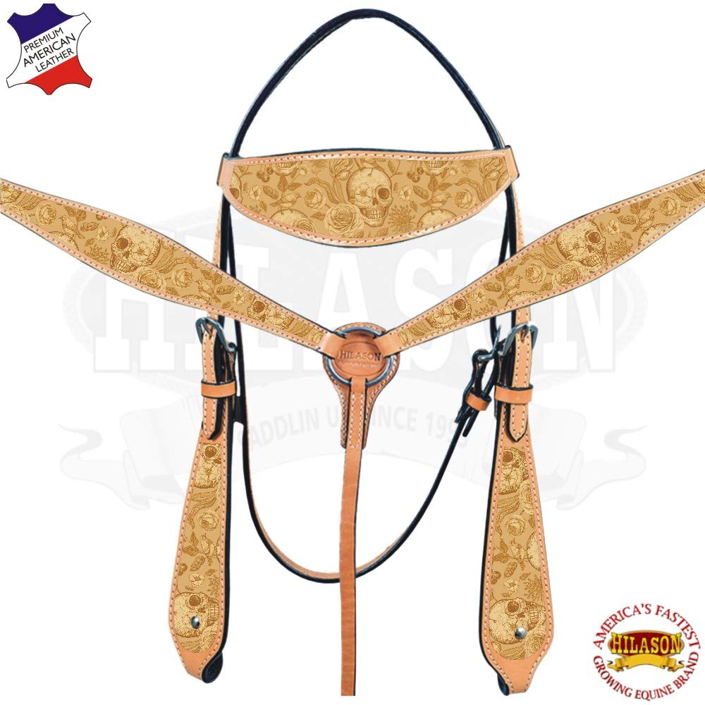 HILASON Western Horse Headstall Breast Collar Set - Genuine American Leather Skull Design | Durable Leather Headstall & Breast Collar | Complete Horse Tack Set for Riding & Training | Perfect for Trail Riding, Rodeo & Western Shows
