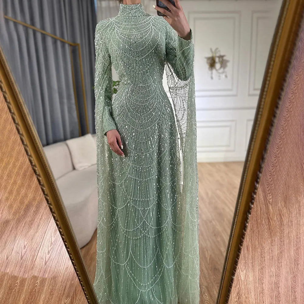 Luxury Dubai Muslim Sage Green Pearls Evening Dress with Cape - Plus Size LA72591 for Wedding, Party & Special Occasions