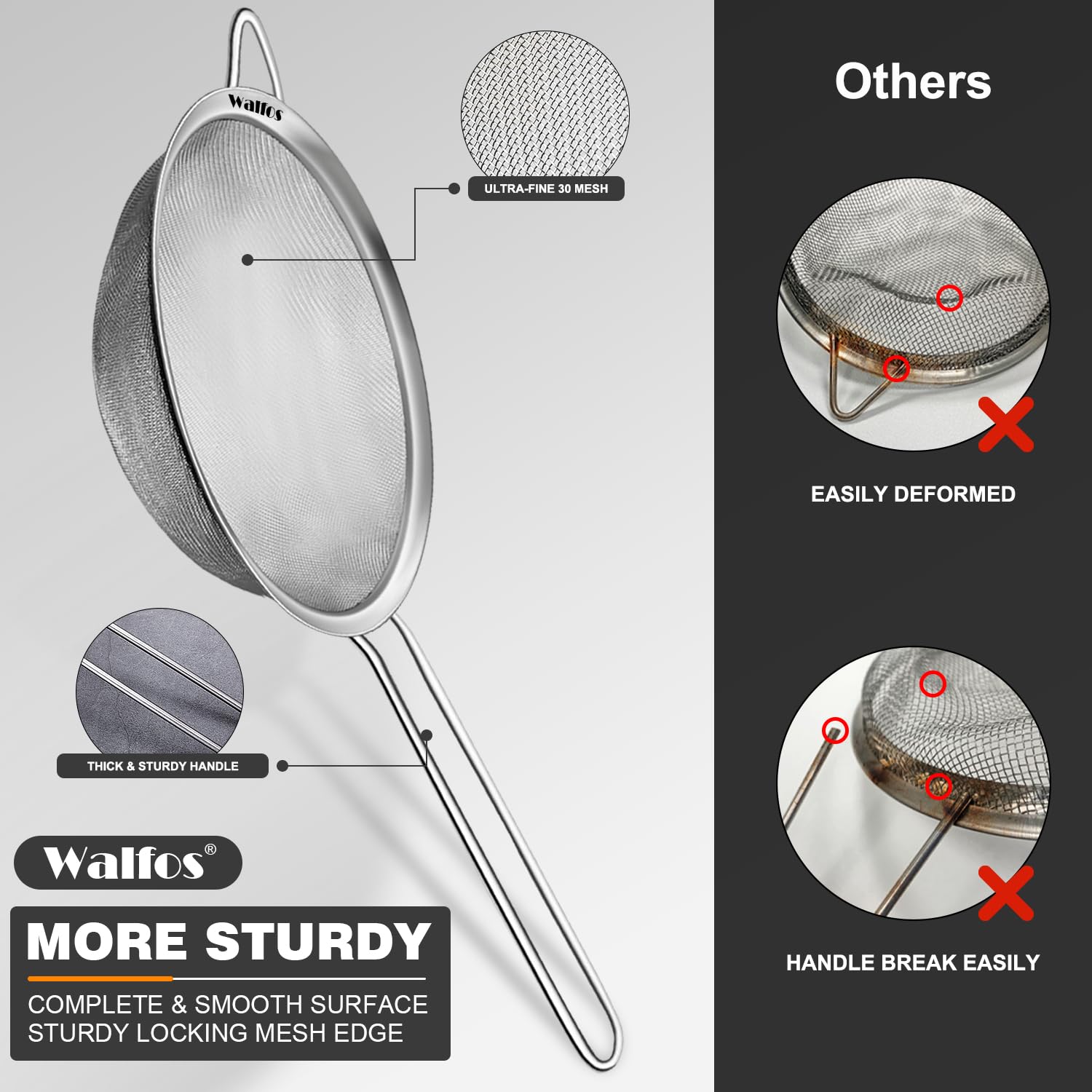 Premium Stainless Steel Fine Mesh Strainers Set - 3 Sizes with Reinforced Frame & Sturdy Handle for Sifting, Straining, Draining - Ideal for Vegetables, Pasta, Tea, Baking & Kitchen Use