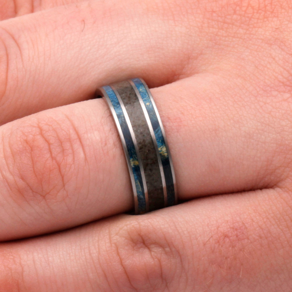 Blue Wood Men's Wedding Band with Crushed Dinosaur Bone - Unique Handmade Wooden Ring for Men, Eco-Friendly Durable Wedding Ring, Perfect for Outdoor Adventures & Special Occasions