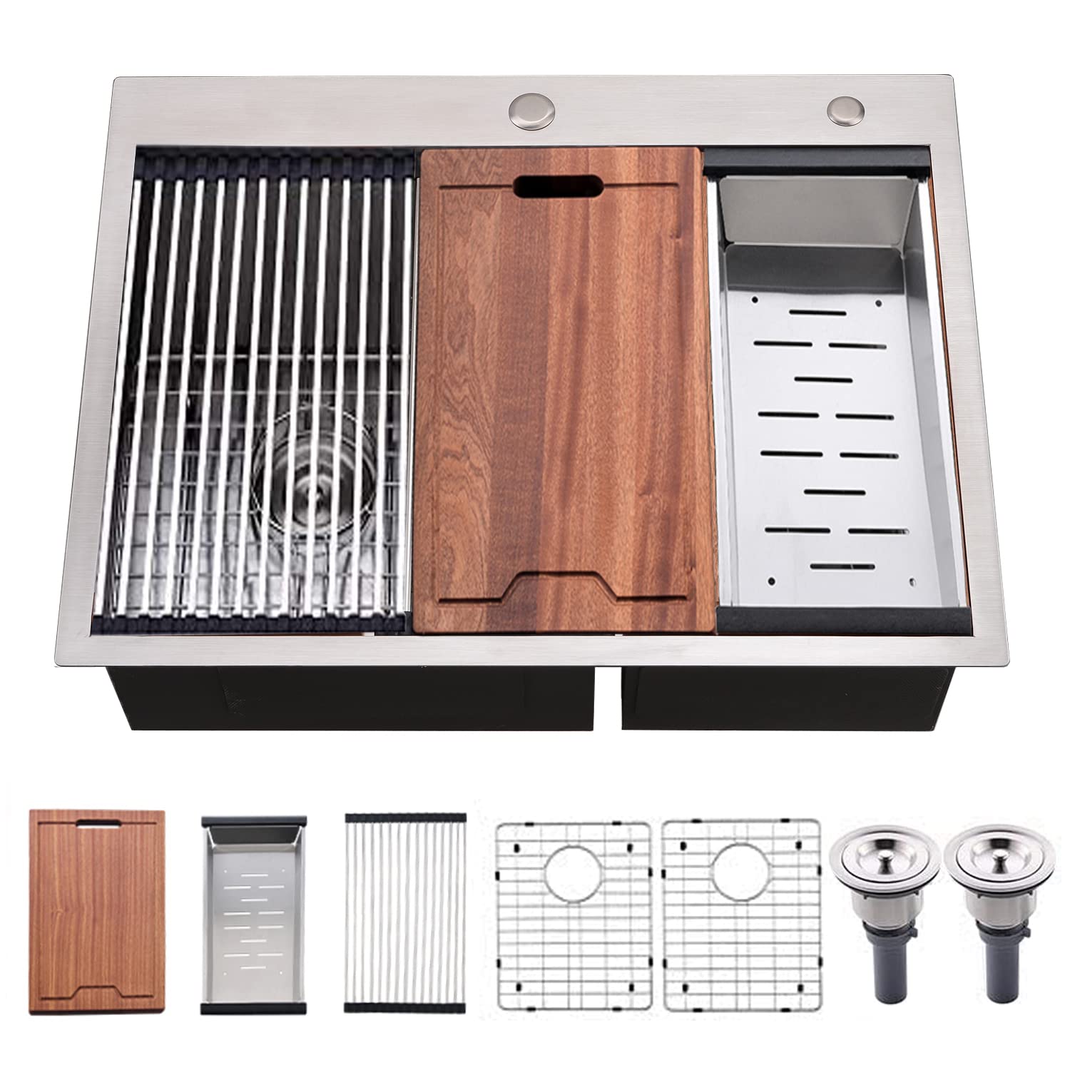 33 Inch Double Bowl Drop-In Kitchen Sink Workstation - VOKIM 33