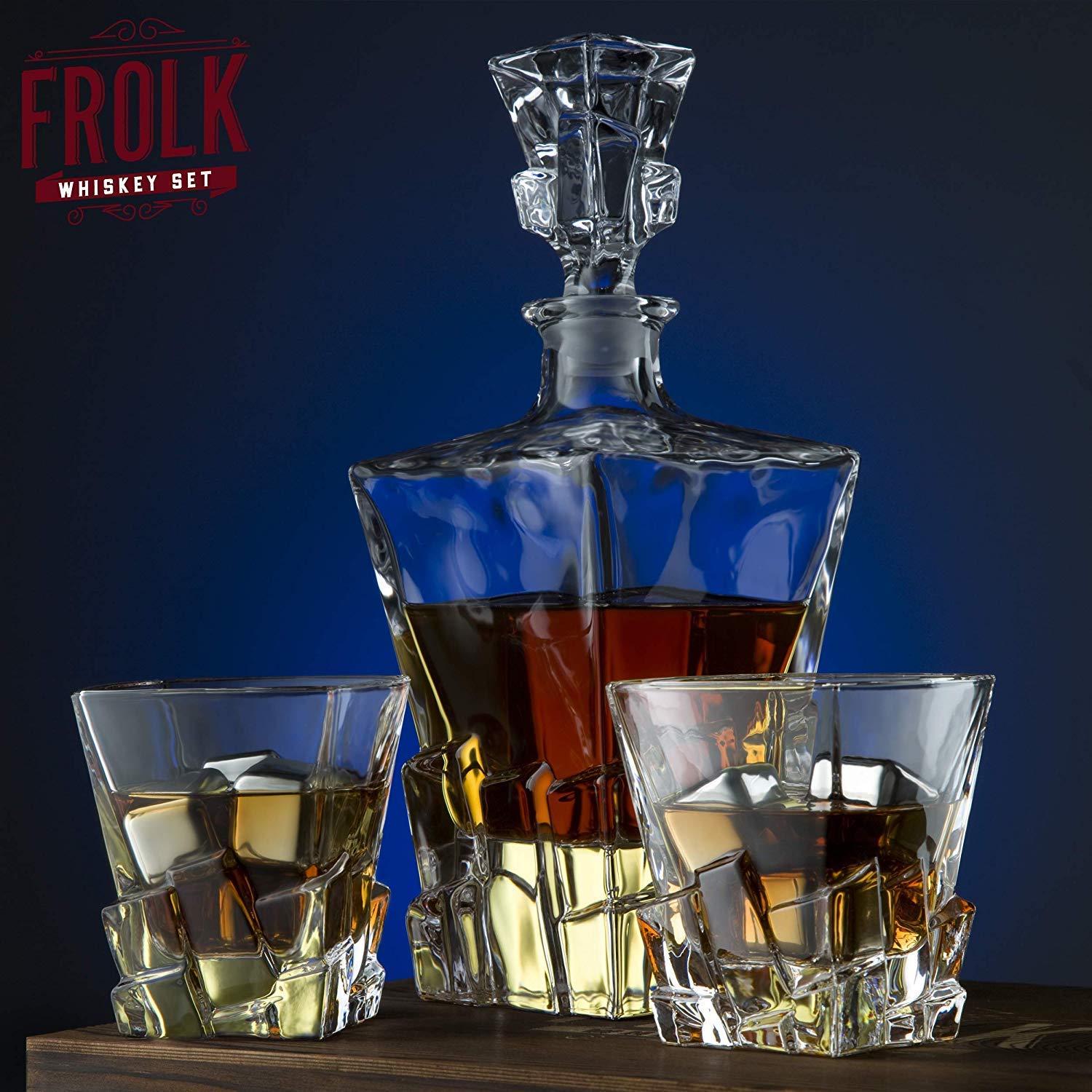 Premium Whiskey Decanter Set with 2 Glasses, 8 Stainless Steel Ice Cubes & Slate Coasters - Luxury Whiskey Gift Set for Men in Elegant Pinewood Box - Perfect for Home Bars, Gifts & Bourbon Tasting Parties