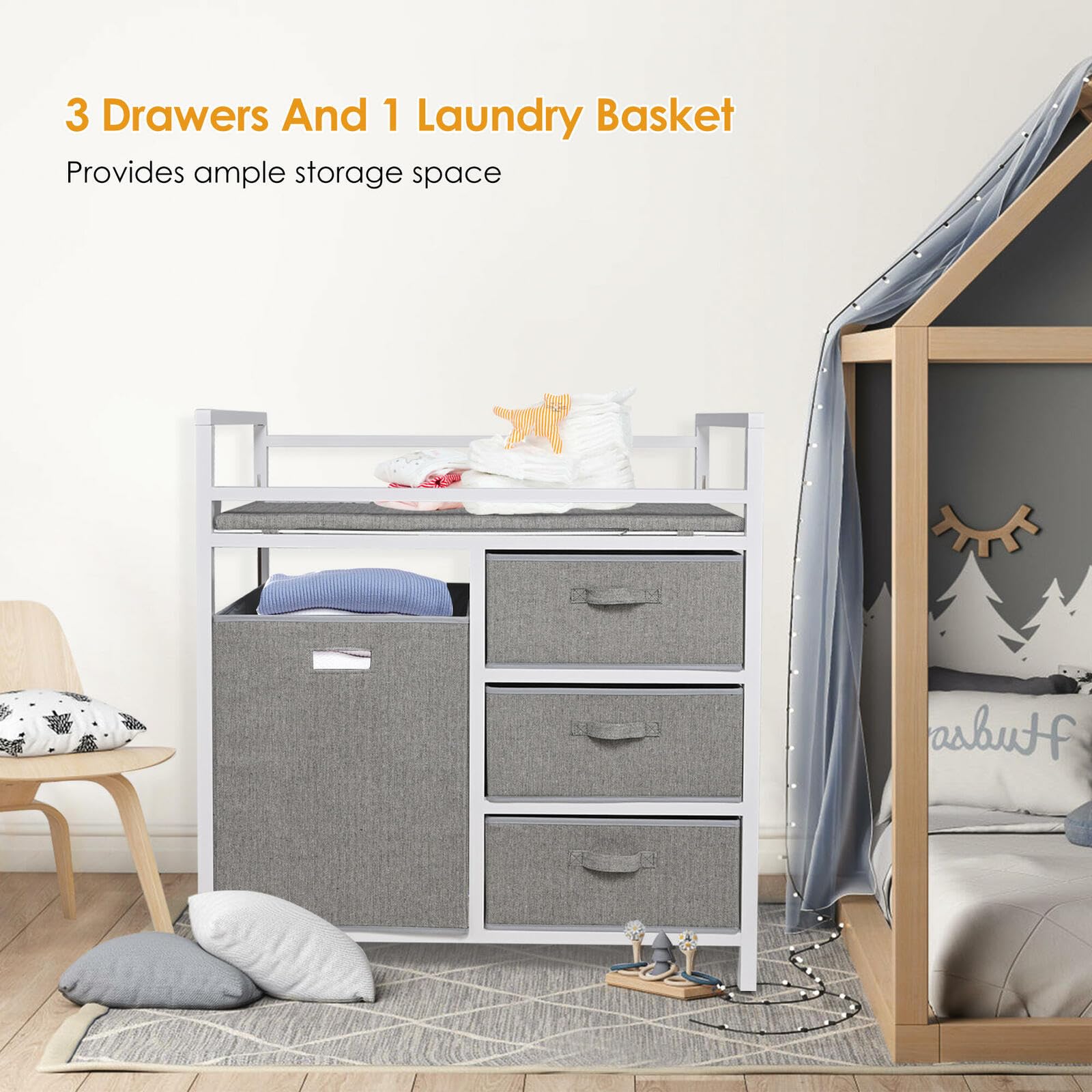 LIVINGbasics Baby Changing Table with Storage Organizer, 3 Drawers & Laundry Hamper - Safe Diaper Changing Station for Nursery, Bedroom & Daycare - Perfect Baby Shower Gift for New Parents