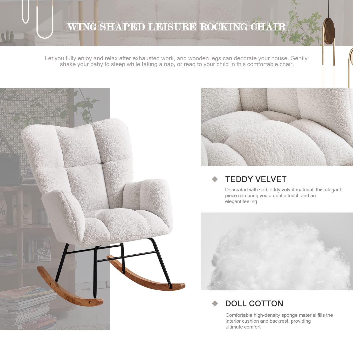Modern Teddy Glider Rocking Chair with High Backrest - Nursery & Living Room Rocker in Ivory | Perfect for Baby Nurseries, Breastfeeding & Relaxing