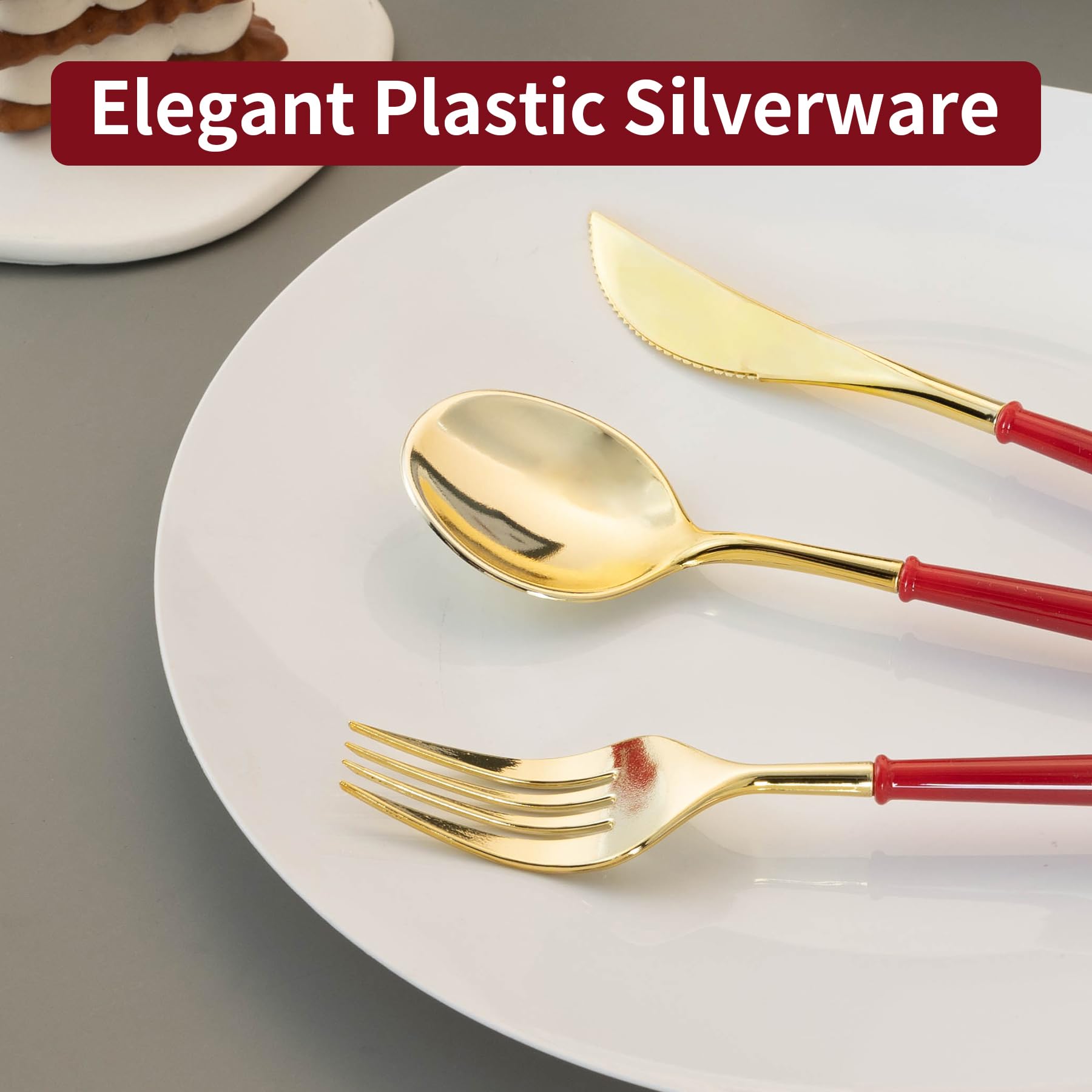 Premium 150-Piece Gold Plastic Cutlery Set - Heavy Duty Disposable Silverware with Burgundy Handle (50 Spoons, 50 Forks, 50 Knives) for Wedding Receptions, Birthday Parties, Catering Events & Elegant Dinner Gatherings
