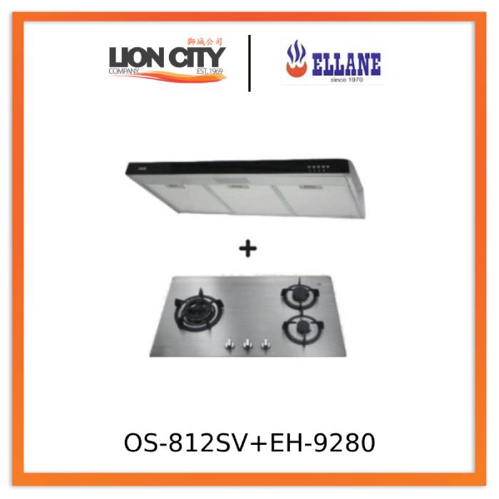 Ellane 60cm/90cm Slimline Range Hood with Black Glass Panel EH 9280 + Ellane OS 812SV 86cm 3-Burner Gas Cooktop - Modern Kitchen Ventilation System for Home Cooking