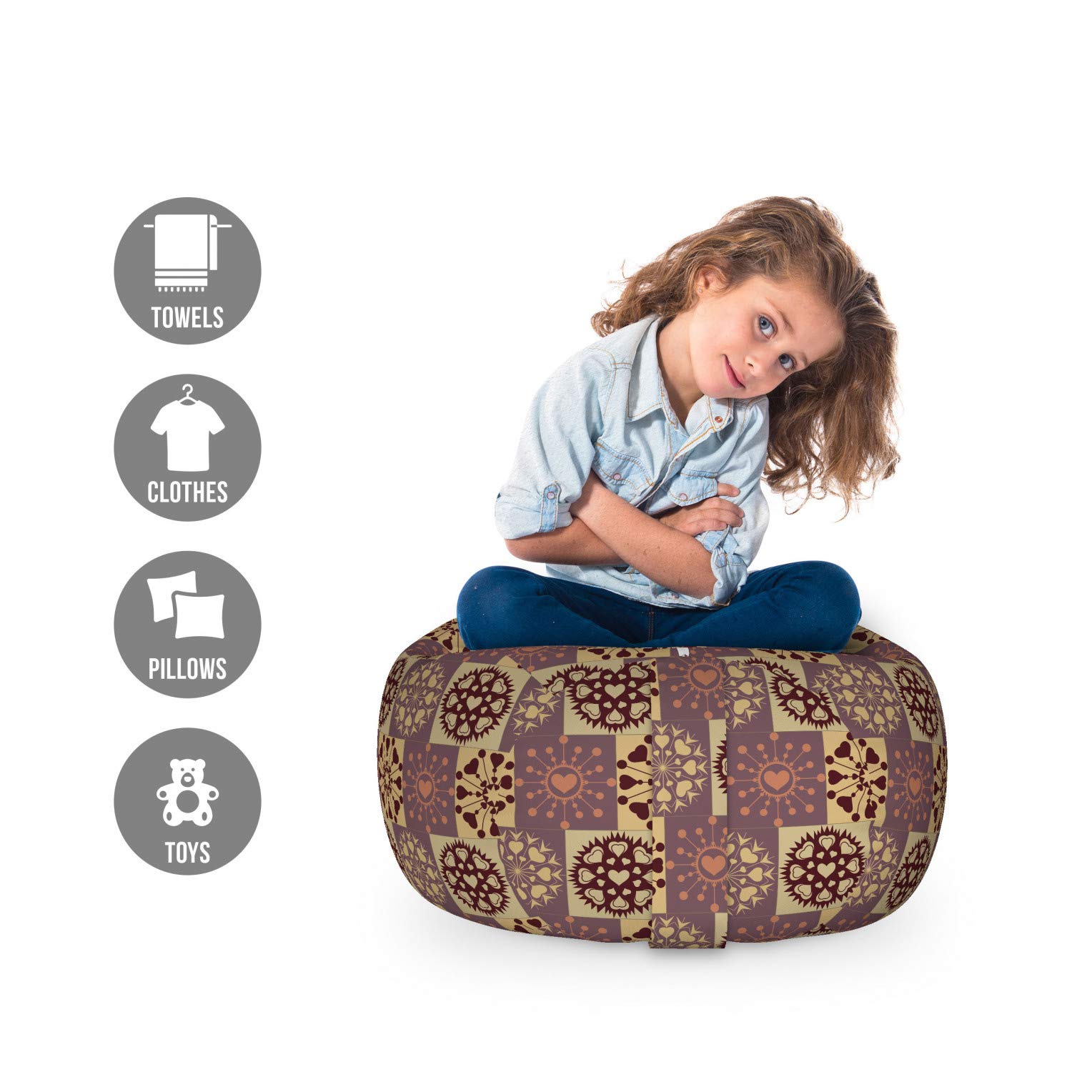 Ambesonne Abstract Storage Toy Bag Chair - Pastel Snowflakes with Dots & Hearts Design - Washable Stuffed Animal Organizer for Kids Room - Small Size in Dark Warm Taupe Mustard - Perfect for Nursery, Playroom & Bedroom Organization