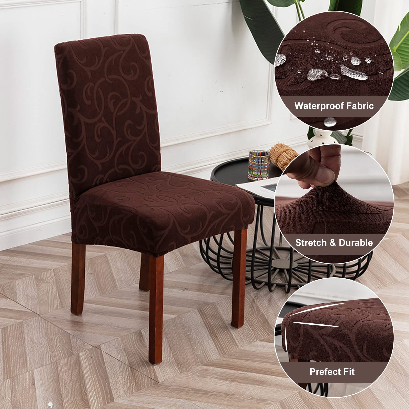 Waterproof Stretch Parsons Chair Slipcovers - 4 Pack Washable Dining Room Chair Covers with Floral Chocolate Pattern, Removable Kitchen Seat Protectors for Home, Restaurant & Outdoor Use