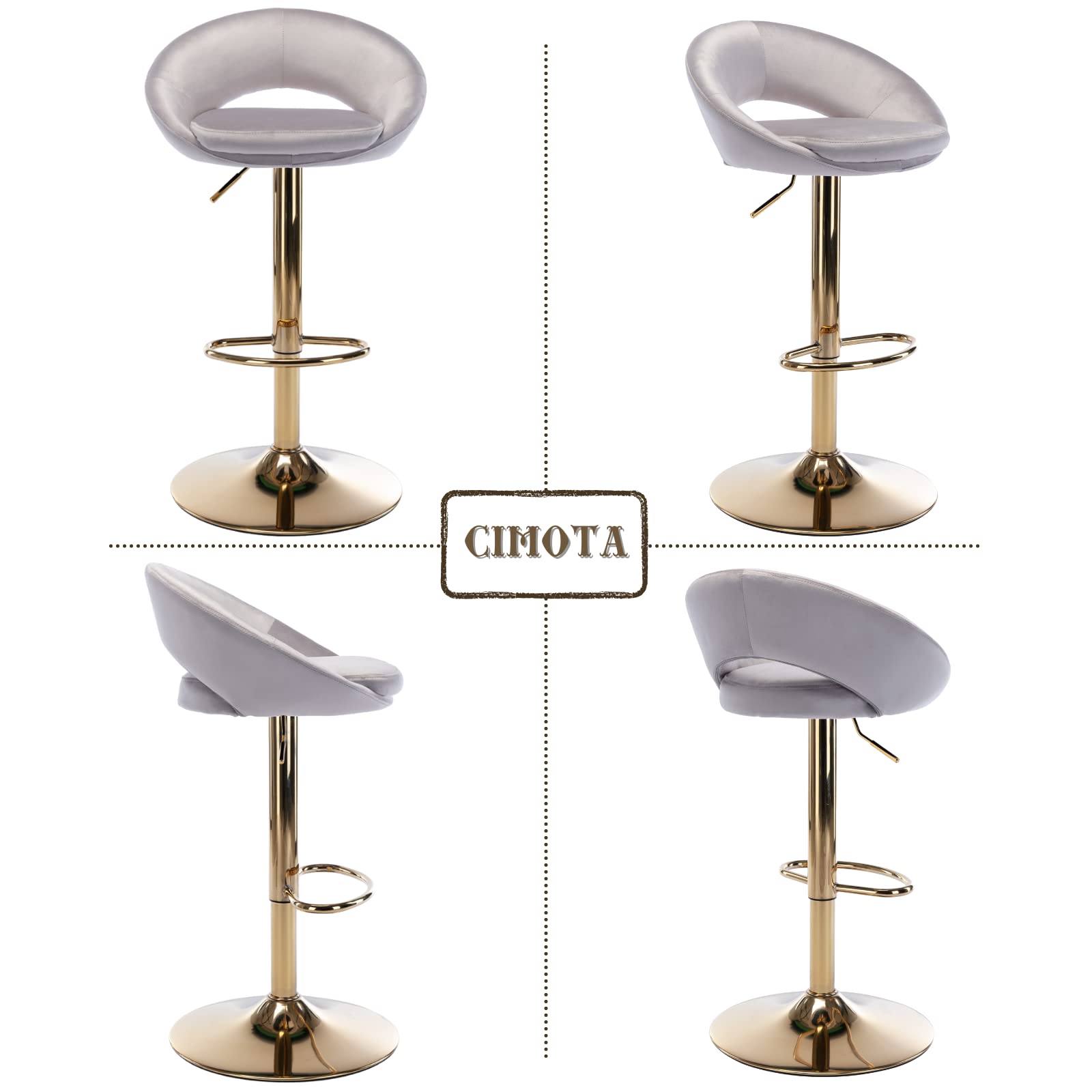 CIMOTA Swivel Velvet Bar Stools Set of 2 - Adjustable Height 24-33 Inch Counter Stools with Gold Base & Open Back - Modern Kitchen Island, Home Bar & Dining Room Seating - Perfect for Breakfast Nook, Bistro & Entertainment Areas