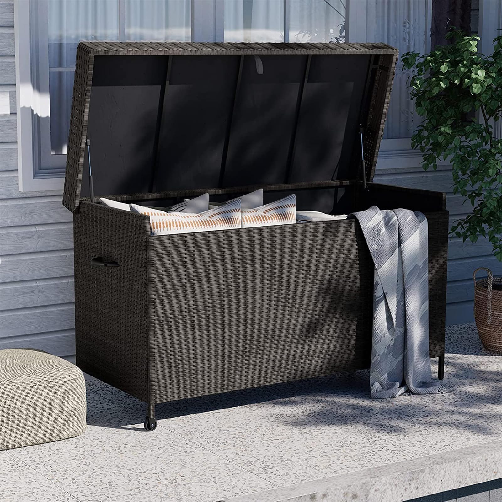 170 Gallon Wicker Deck Storage Box - Outdoor & Indoor Patio Furniture Cushion Organizer, Garden Tool & Pool Accessories Storage Bin - Light Brown - Perfect for Backyard, Deck, Poolside & Garage Organization
