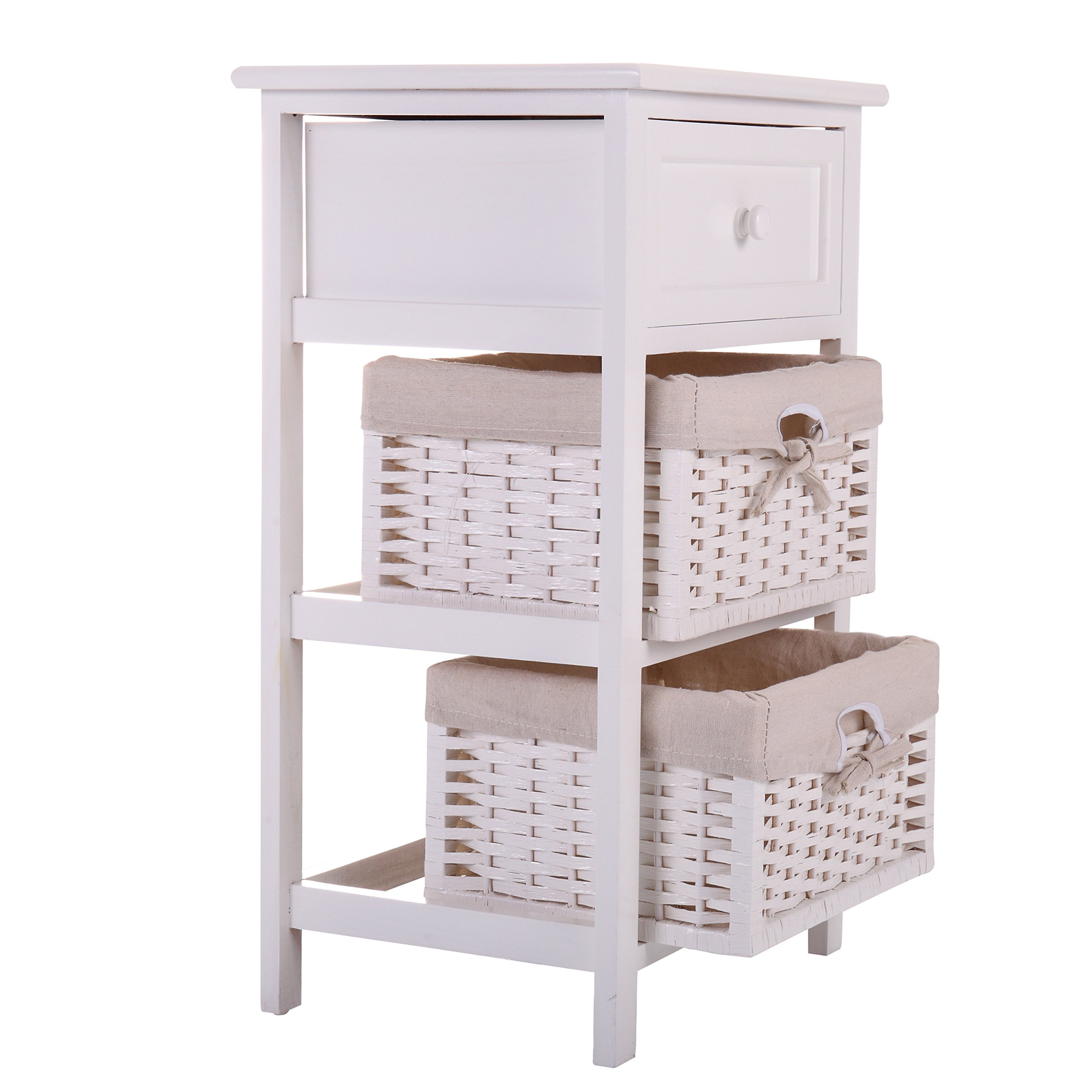 Modern White One-Drawer Nightstand with 2 Removable Storage Baskets - Tall Leg Bedside End Table for Bedroom, Living Room & Office Organization
