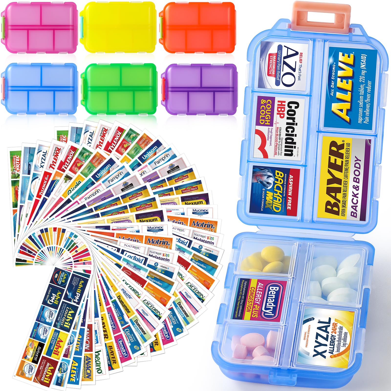 6-Piece Travel Pill Organizer Box with 600 Brand Labels & 84 White Labels - 10-Compartment Portable Medicine Case for Daily/Weekly Vitamins & Medications - Perfect for Travel, Home, Office & Emergency Kits