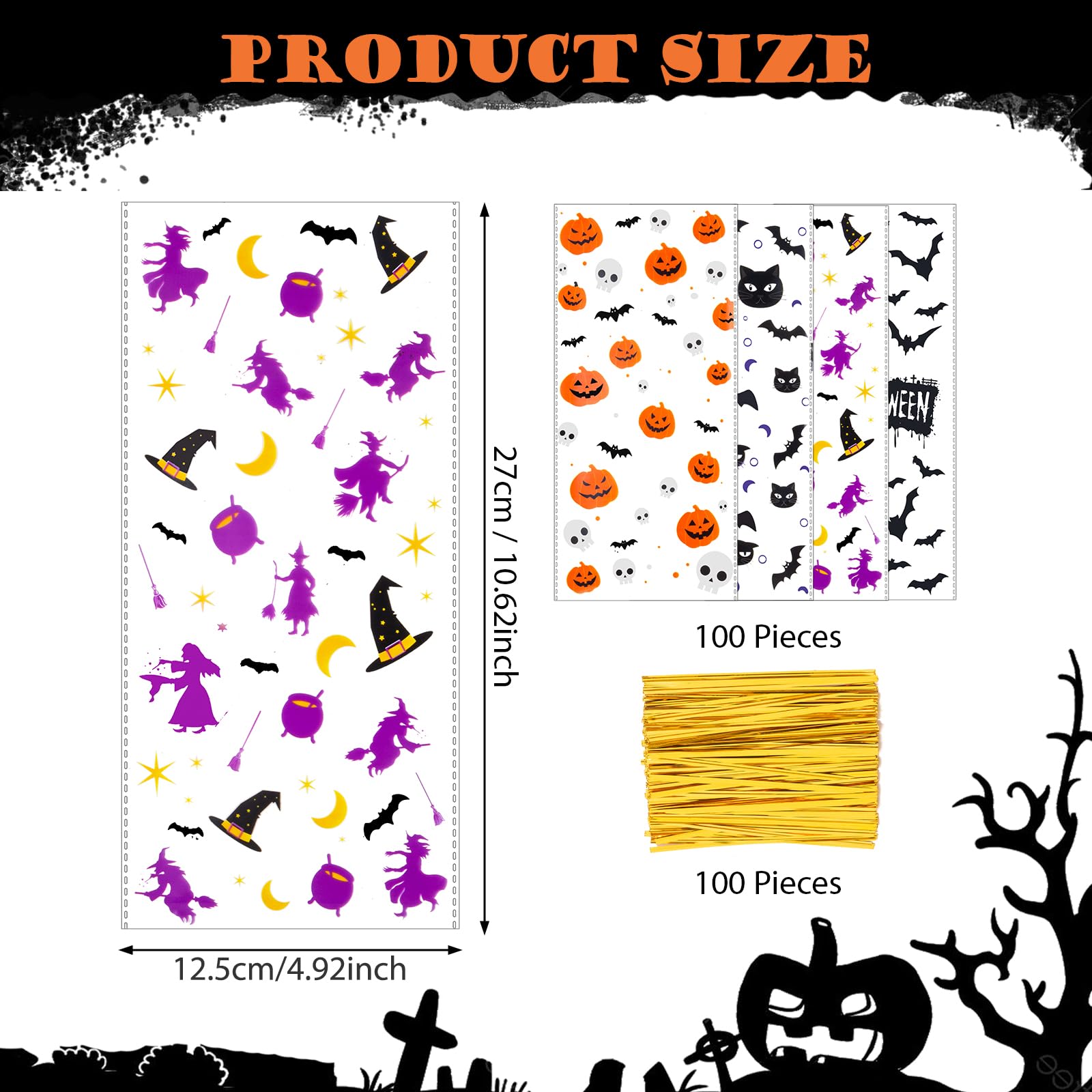 RICEDUO Halloween Cellophane Treat Bags - 100 Clear Candy Bags with Twist Ties for Kids' Parties, Trick or Treat, Classroom Favors & Holiday Goodie Bags