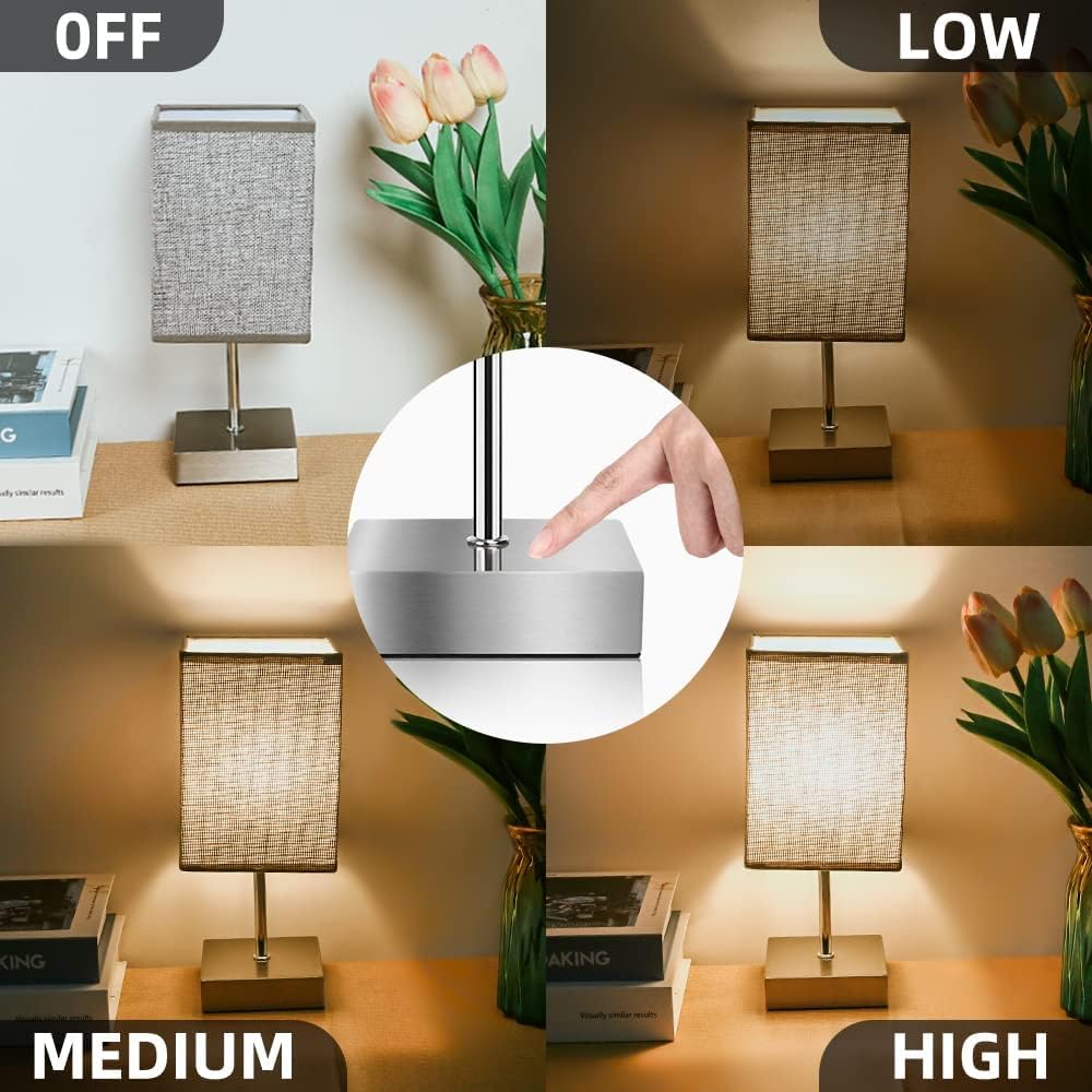 3-Way Dimmable Touch Control Table Lamp with Flaxen Fabric Shade - LED Bulb Included, Nightstand Lamp for Bedroom & Living Room (Gray) | Perfect for Reading, Relaxing & Creating Cozy Ambiance
