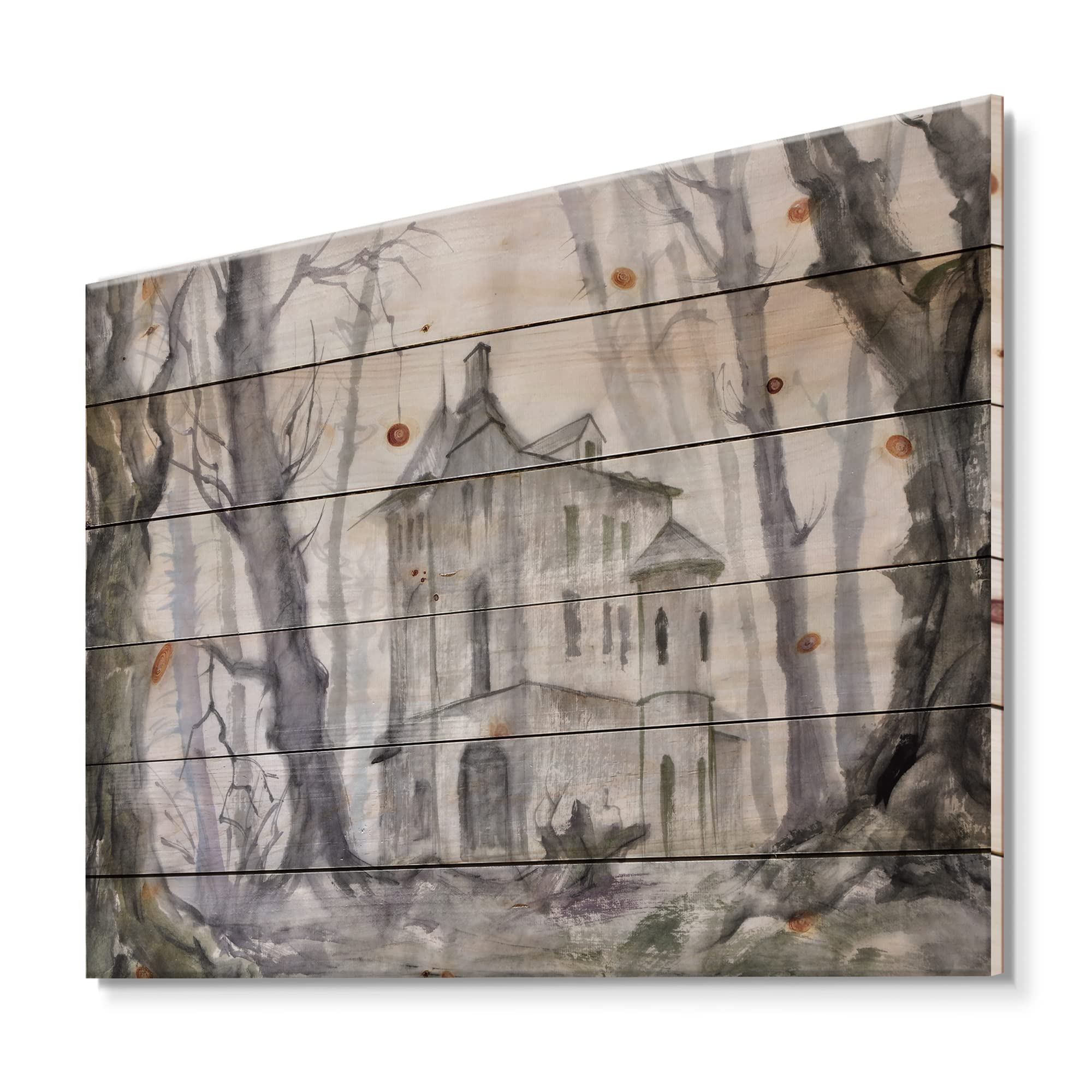 DesignQ Haunted Castle in the Woods - Traditional Grey Wood Wall Art Decor, Large Fantasy Wall Panel Printed on Natural Pine Wood - Perfect for Halloween, Gothic Home Decor & Fantasy Themed Rooms