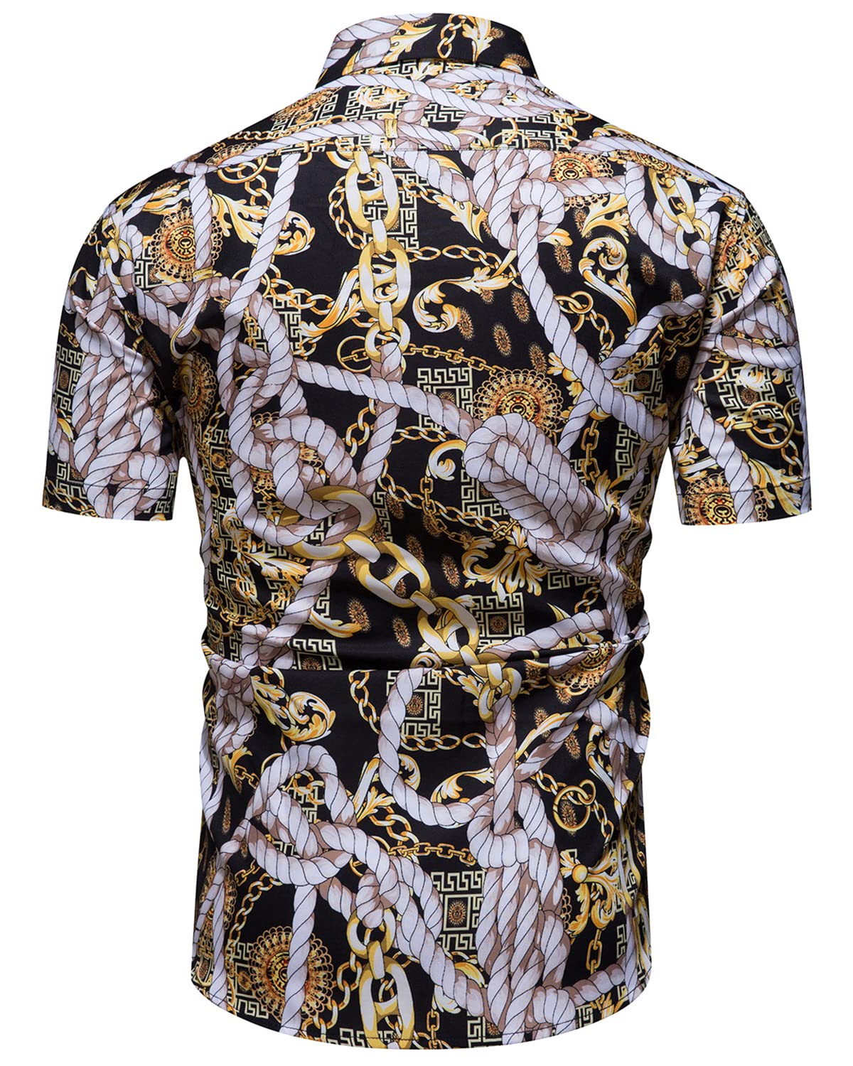 Luxury Men's Black & Gold Baroque Chain Print Short Sleeve Dress Shirt - Button Down Casual Shirt for Parties, Weddings & Formal Events - Premium Buchona Style Fashion Top