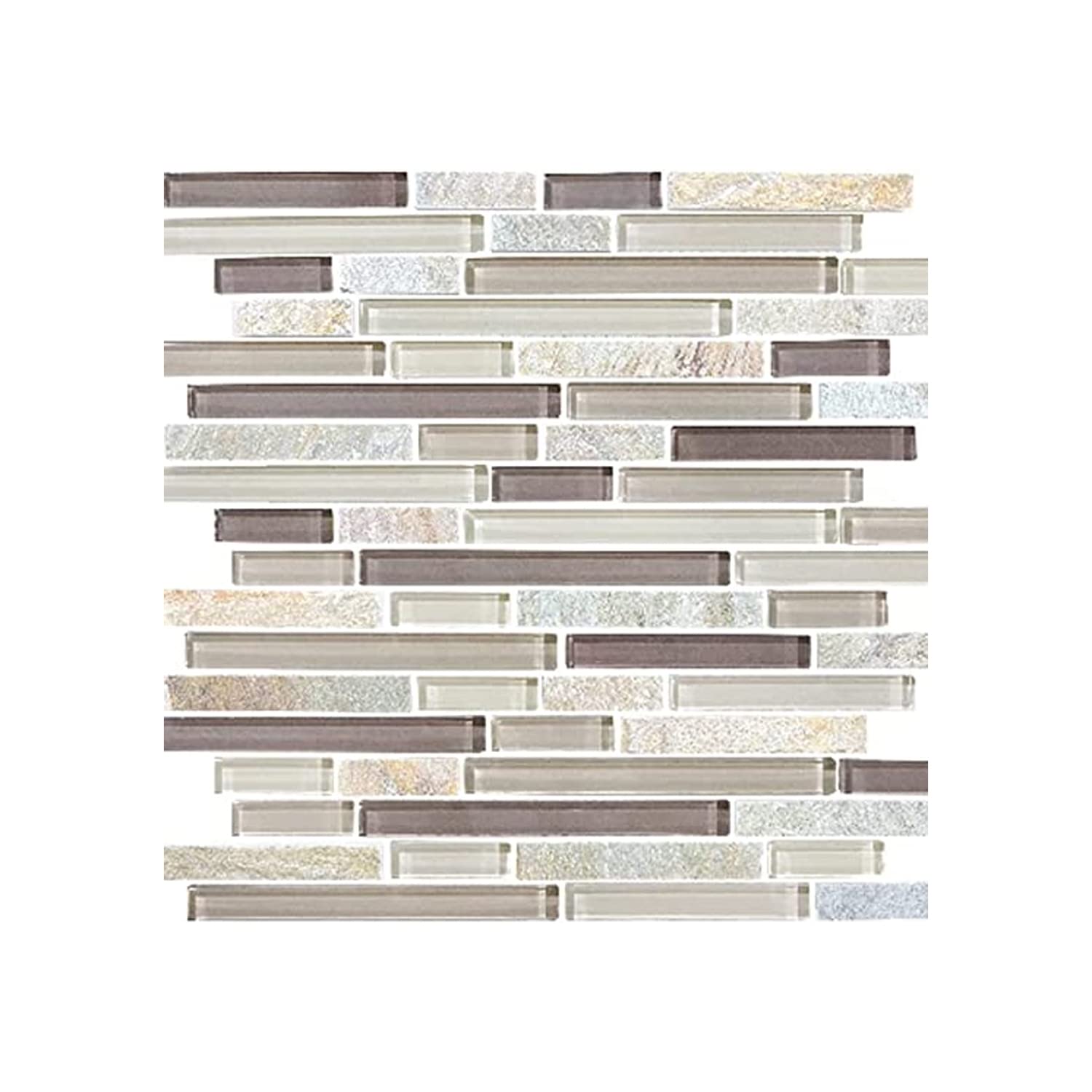 BuildMyplace 12x12 Inch Cotton Wood Random Strip Glass Quartz Blend Mosaic Tile - Peel and Stick Backsplash for Bathroom, Kitchen, Living Room & Dining Room (10 Tiles | Covers 10 sq. ft.) - Easy DIY Home Decor & Wall Accent Upgrade