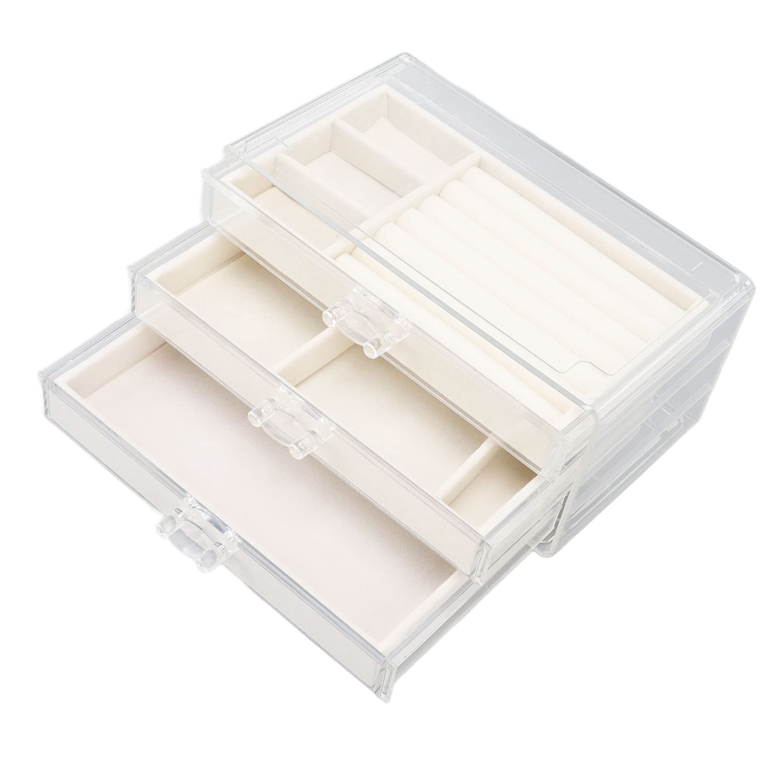 Clear Acrylic Jewelry Organizer Box with 3 Drawers & Flannel Lining - Portable Jewelry Storage Case with Handle for Necklaces, Rings, Earrings - Perfect for Bedroom, Vanity & Travel Organization